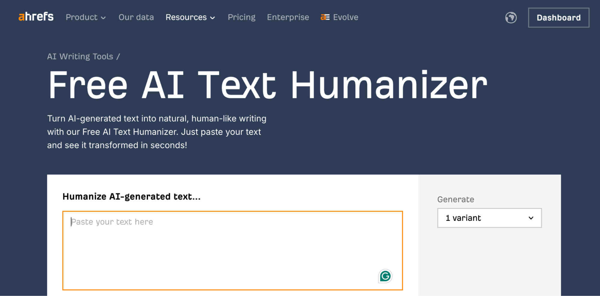 Screenshot of the ahrefs humanizer tool, featuring a bold header, a clear description, and a text box labeled “Humanize AI-generated text…” where users can easily paste their content.
