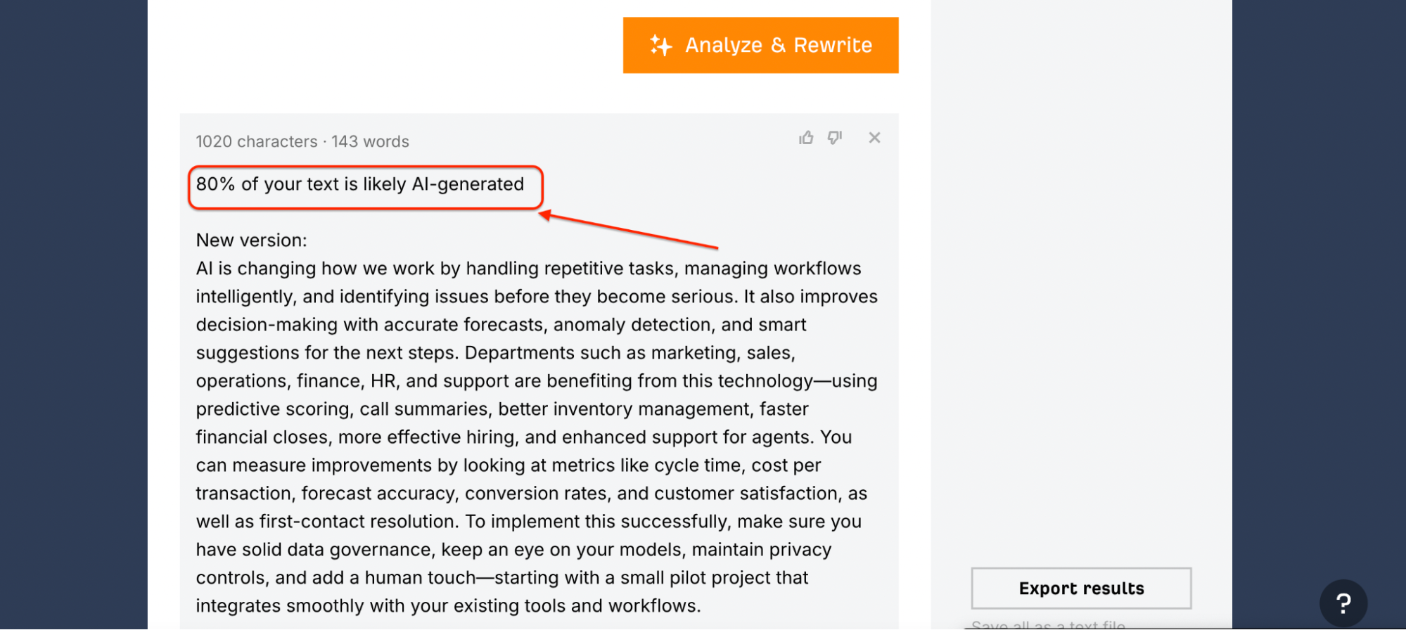 A red arrow points to the highlighted sentence “80% of your text is likely AI-generated” on a website interface featuring ahrefs humanizer and various text analysis and rewriting options.