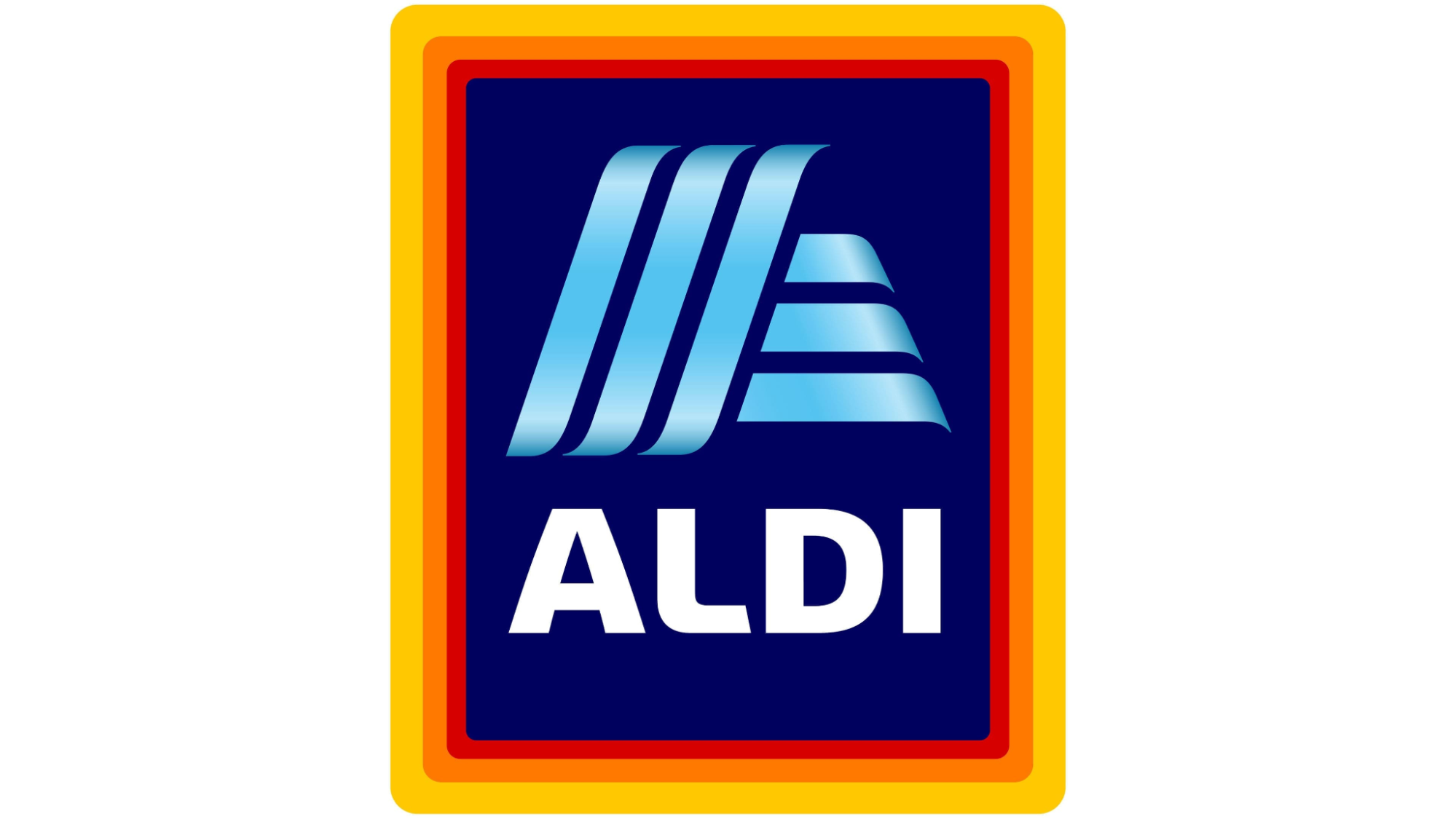 ALDI logo, a standout among blue logos, features blue stylized lines forming an A above "ALDI" in white, set on a dark blue background with vibrant orange, red, and yellow borders.