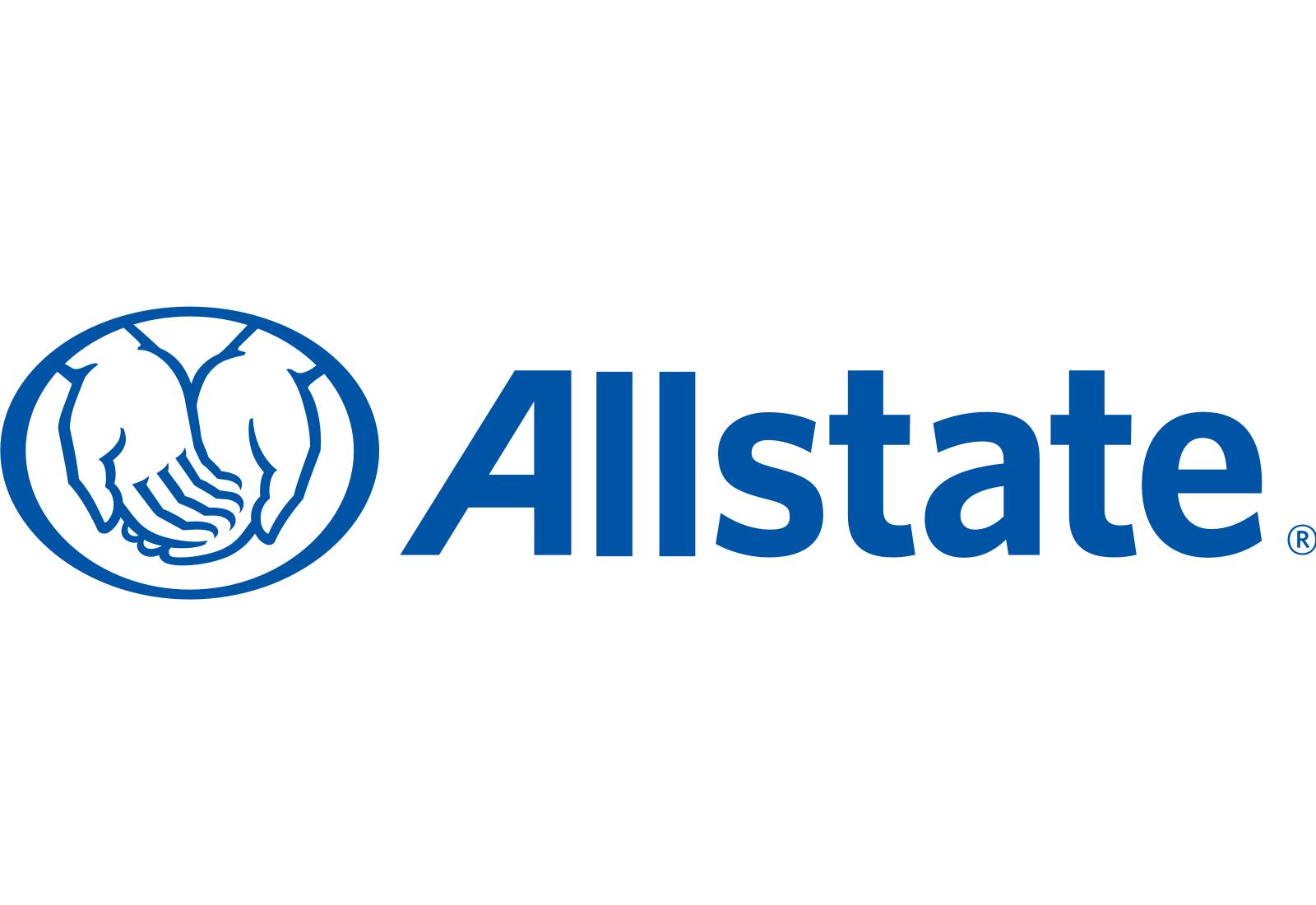 The Allstate logo, a standout among blue logos, features two cupped hands inside a circle on the left and the word Allstate in bold blue letters on the right, all set against a clean white background.