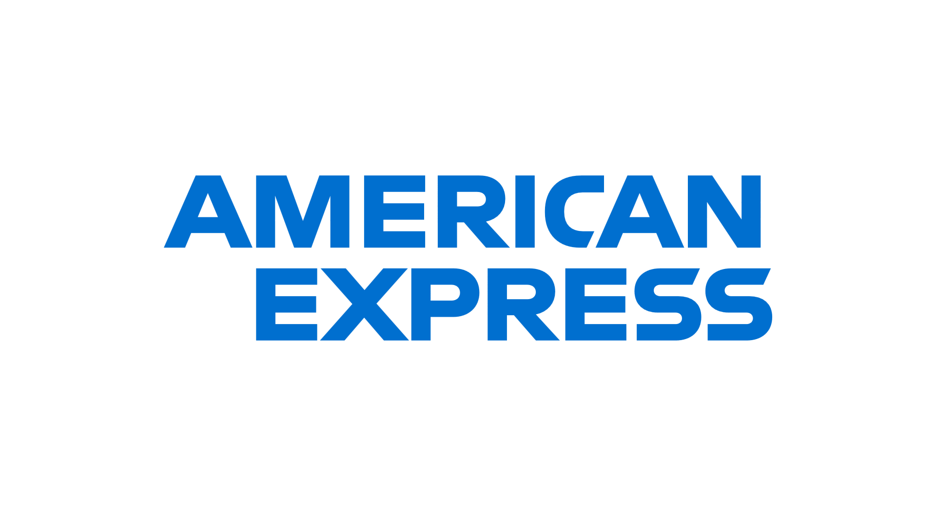 The American Express logo, one of the iconic blue logos, features bold uppercase letters spelling AMERICAN EXPRESS on a light gray background.