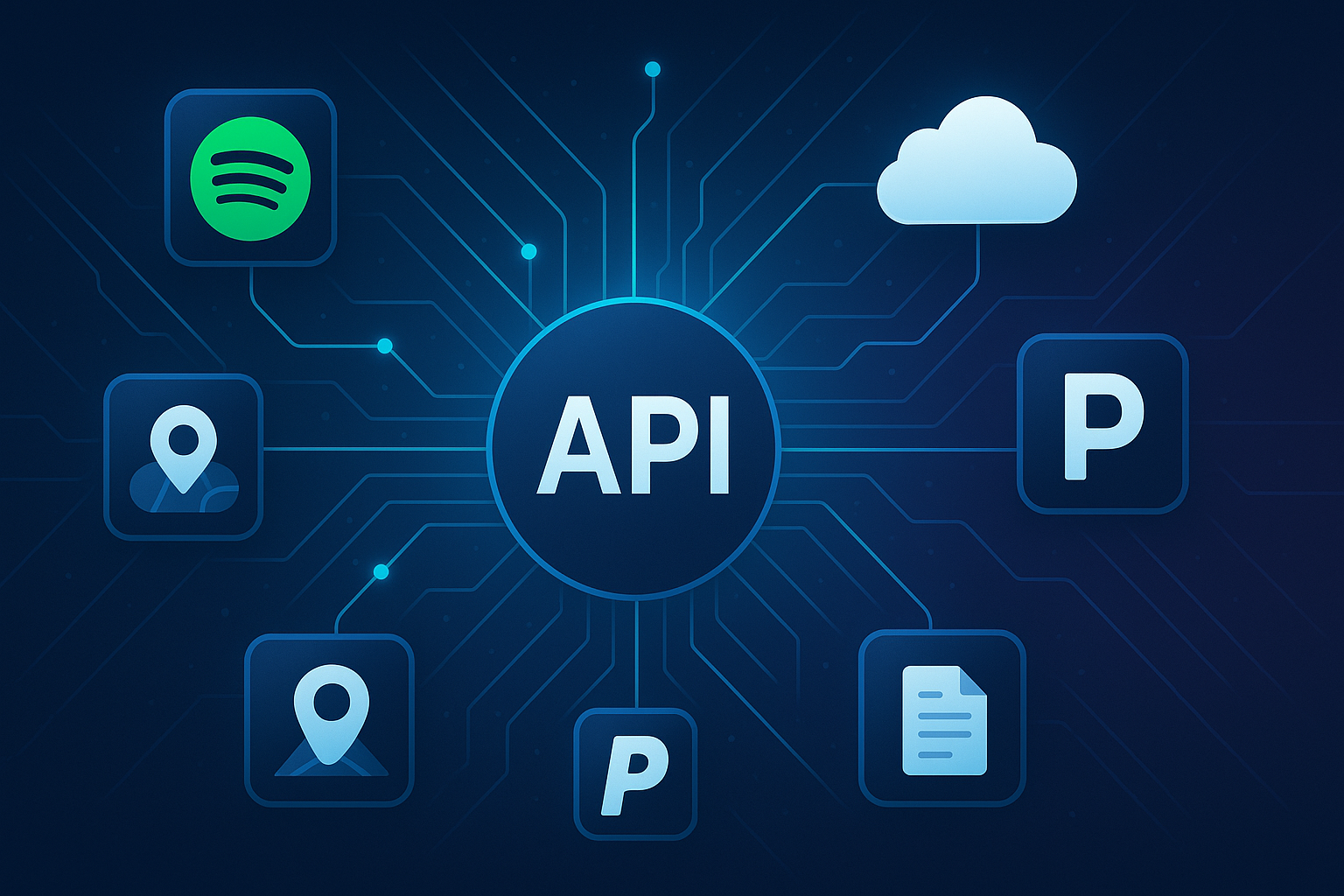 A graphic showing a central API circle connected to various icons, including Spotify, PayPal, location pins, a cloud, a document, and a parking sign, representing different API integrations on a dark blue background.