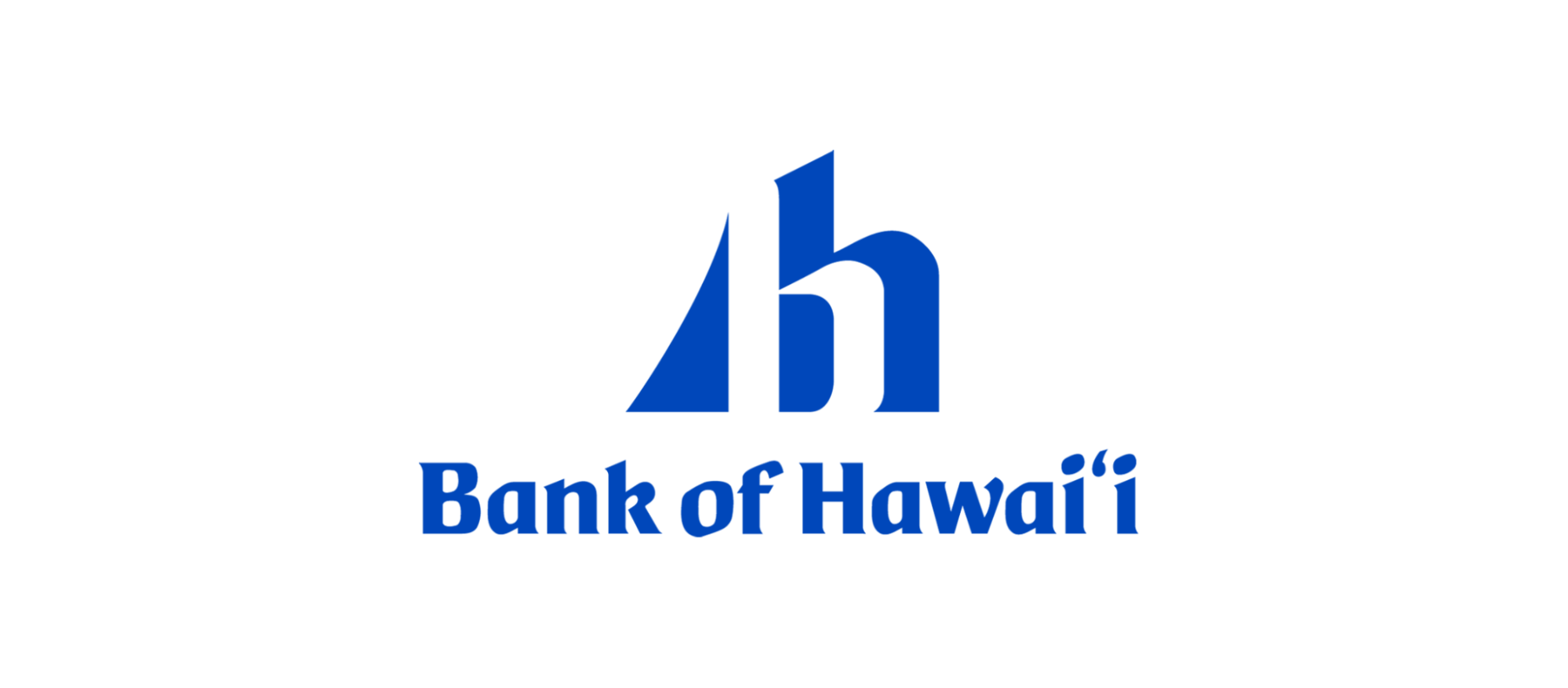 Blue bH logo above blue Bank of Hawaii text, all on a white background. The bold, modern font and sail-like bH shape make it stand out among blue logos with a sleek, coastal feel.