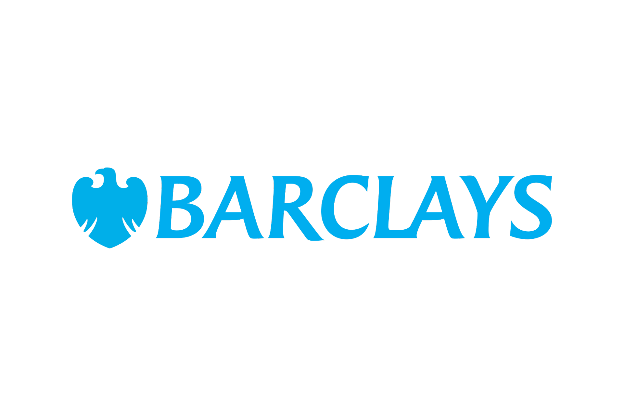 The Barclays logo, a standout among blue logos, features a blue eagle emblem to the left of the word BARCLAYS in bold, blue uppercase letters on a light gray background.