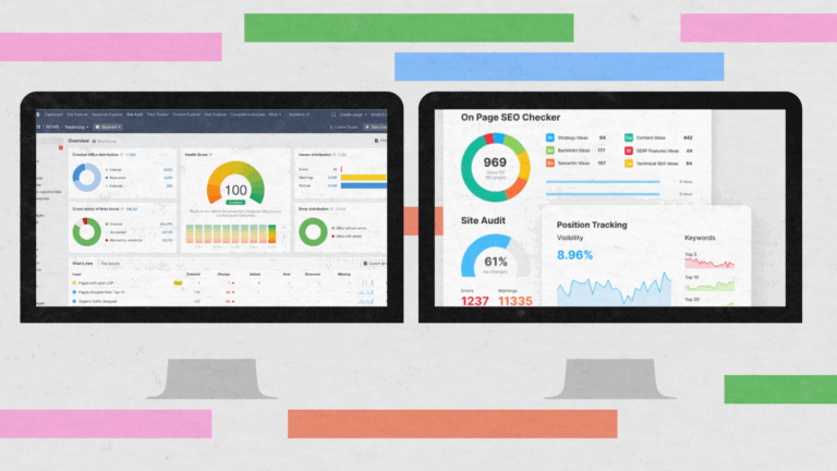 Two computer monitors display SEO dashboards with charts, graphs, and metrics including site audit scores, position tracking, keyword visibility, and error analysis. The background features colorful horizontal bars in pink, green, blue, and orange.
