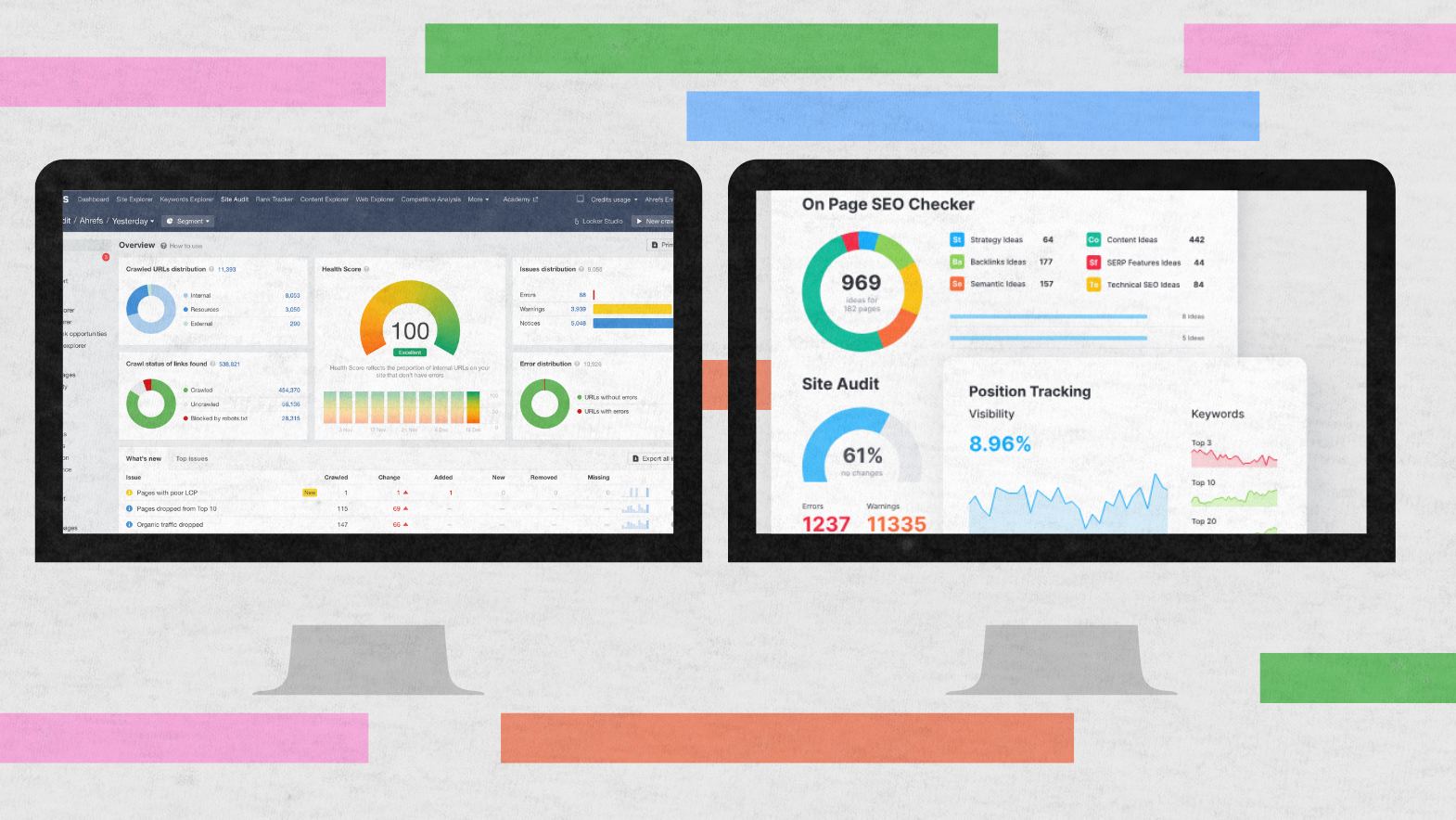 Two computer monitors display SEO dashboards with charts, graphs, and metrics including site audit scores, position tracking, keyword visibility, and error analysis. The background features colorful horizontal bars in pink, green, blue, and orange.