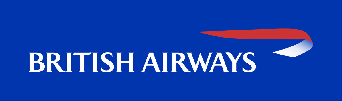 British Airways logo featuring white text on a blue background, complemented by a stylized red and blue speedmarque graphic above the text, exemplifying iconic blue logos in aviation.