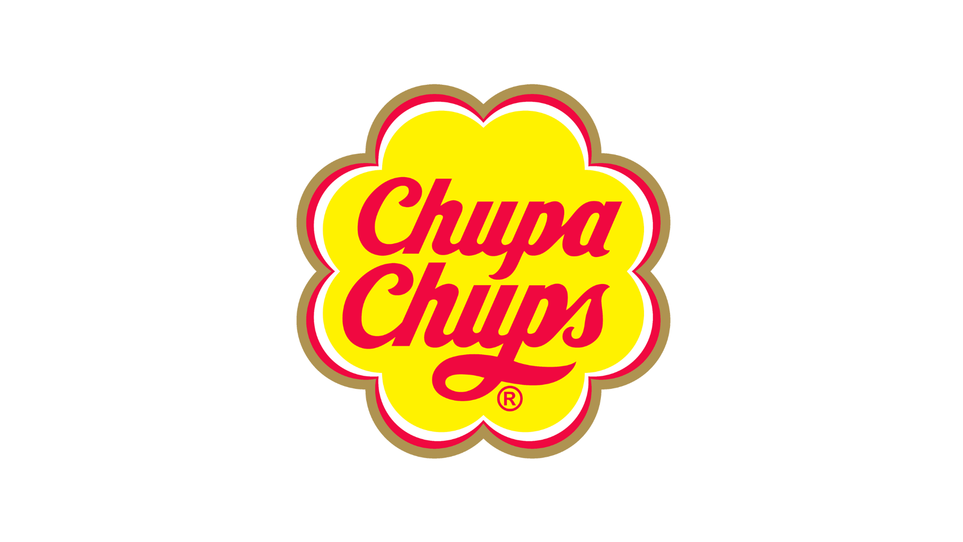 The image shows the Chupa Chups logo with red text on a yellow, flower-shaped background outlined in red and gold. The text reads Chupa Chups in a cursive font.