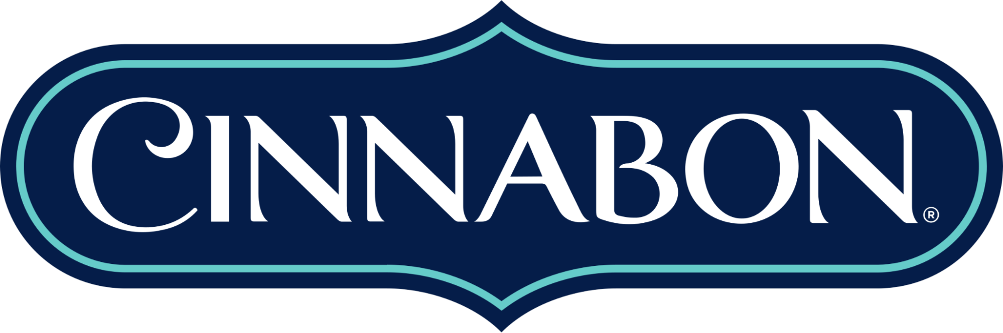 Cinnabon logo with white text on a dark blue, rounded rectangular background outlined in light blue—one of the most recognizable blue logos in the food industry.