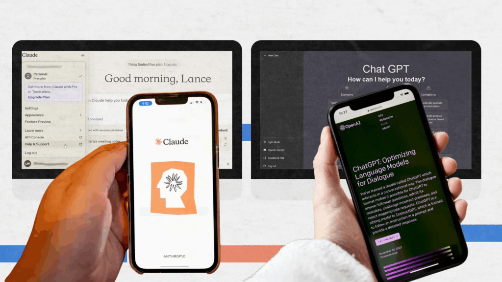 Two hands hold smartphones displaying Claude and ChatGPT apps, with larger screens in the background showing their web interfaces—highlighting the chatgpt vs claude comparison between popular AI chatbot platforms.