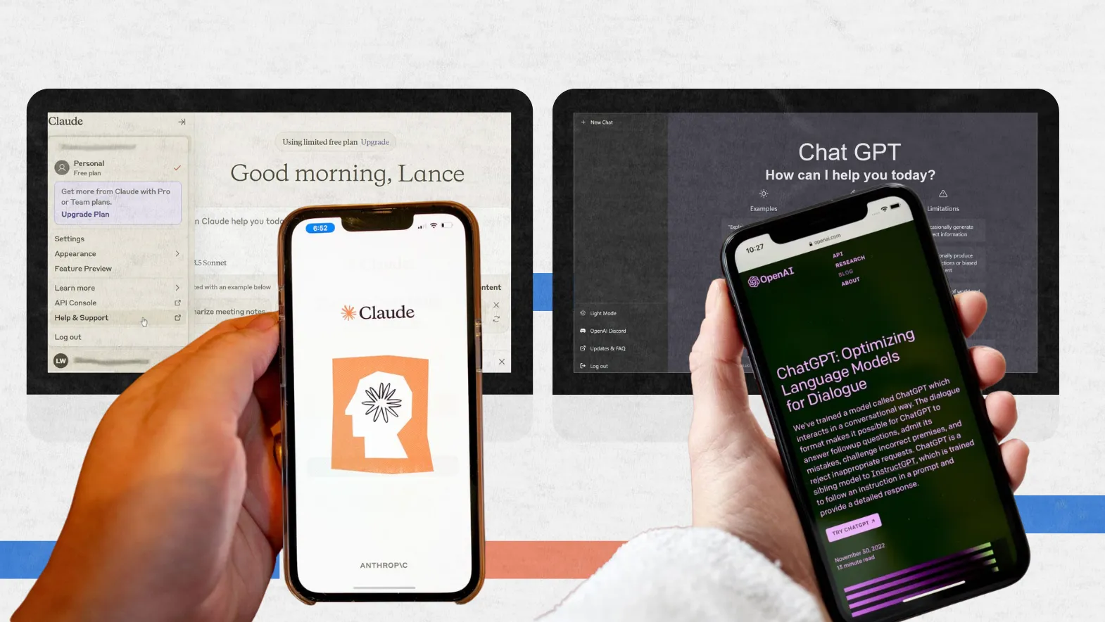 Two hands hold smartphones displaying Claude and ChatGPT apps, with larger screens in the background showing their web interfaces—highlighting the chatgpt vs claude comparison between popular AI chatbot platforms.