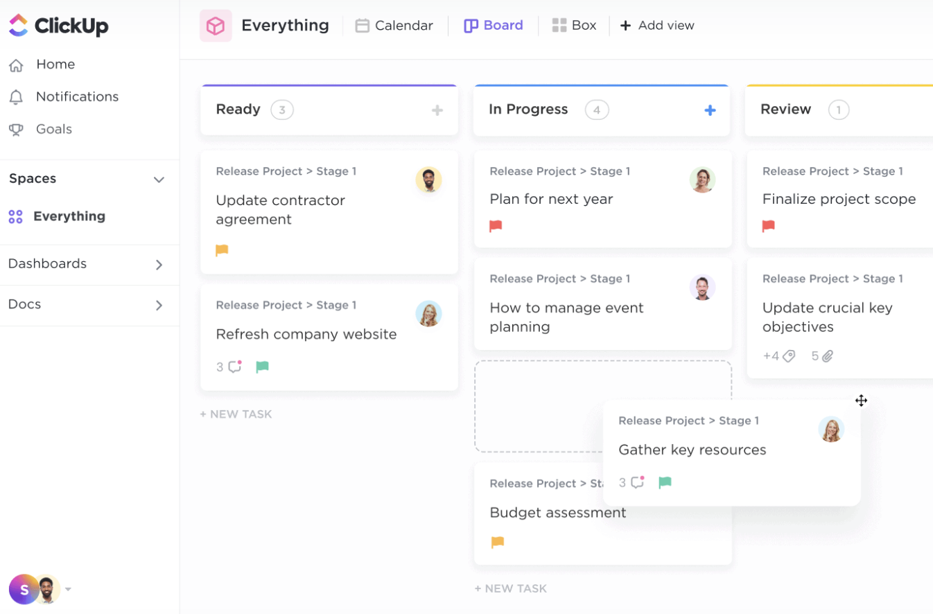 A ClickUp project management board shows tasks in columns labeled Ready, In Progress, and Review. Tasks are listed on cards, some with avatars, and categories like Plan for next year and Update contractor agreement.