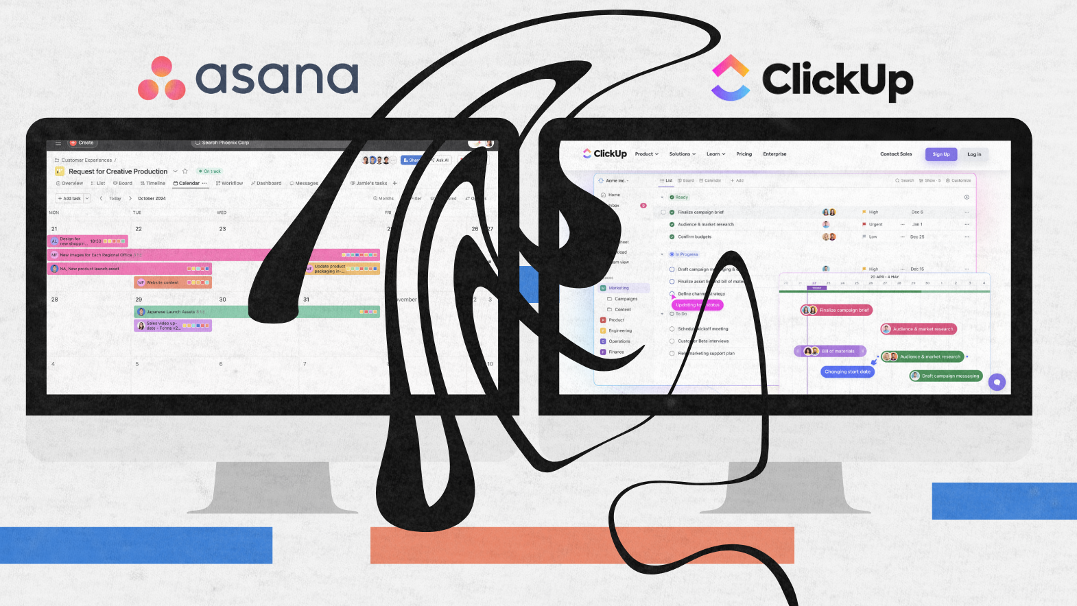 Two computer screens display project management tools—Asana on the left and ClickUp on the right—highlighting a clickup vs asana comparison. A bold, abstract black line runs across both monitors, with Asana and ClickUp logos above the screens.
