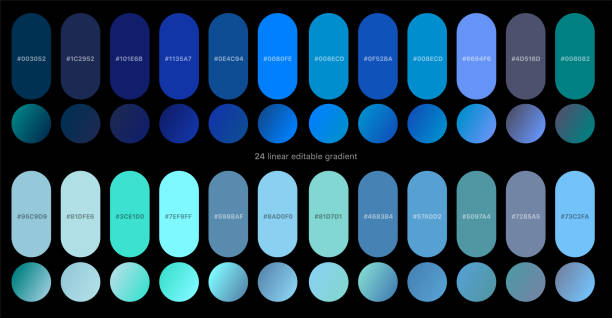 A chart of 24 blue and teal linear gradient swatches, ideal for designing blue logos, each labeled with a hex color code and arranged on a black background in two rows.