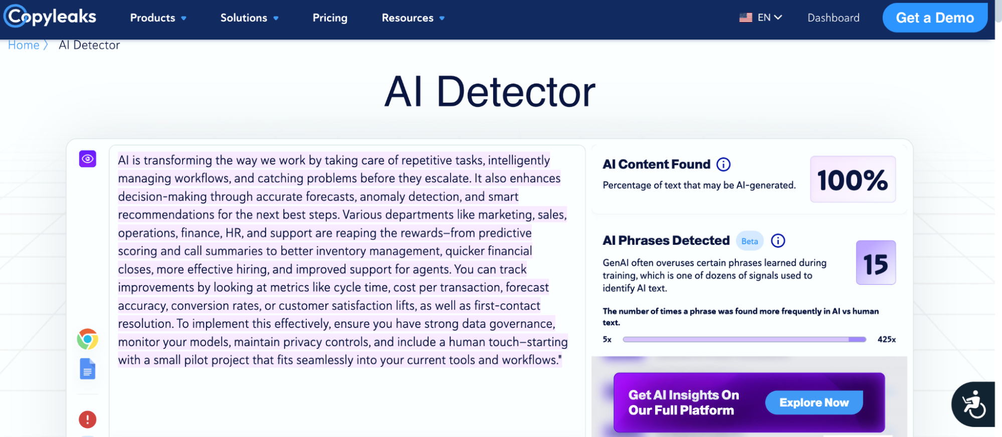 A webpage from Copyleaks shows its AI Detector tool. It displays AI Content Found: 100% and All Phrases Detected. The page also highlights how features like Ahrefs Humanizer help detect marketing, sales, and other types of content.
