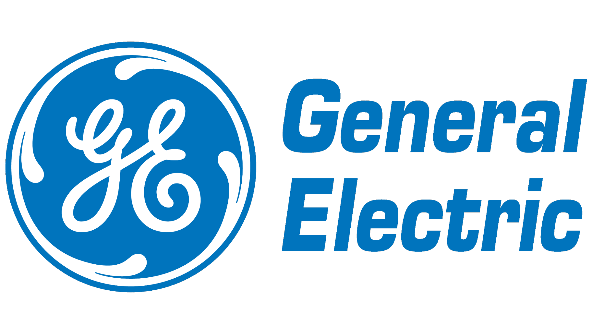 The image shows the General Electric logo, a standout among blue logos, with a blue circular emblem containing white cursive letters GE and the words General Electric written in bold blue font to the right.