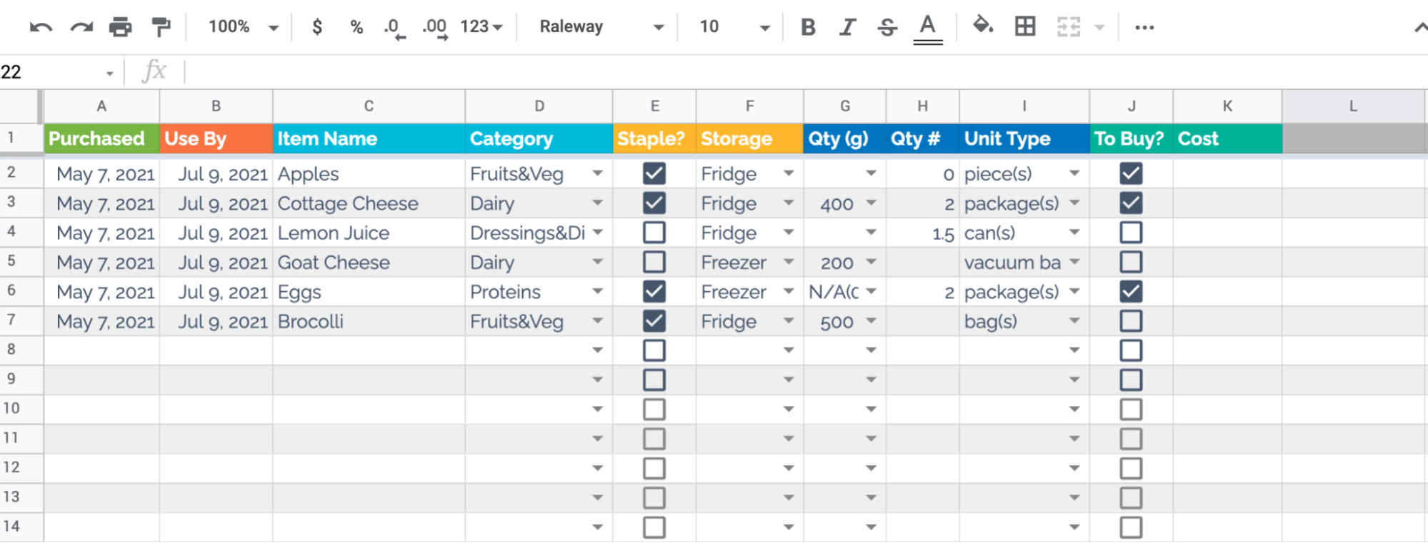 A spreadsheet tracking groceries—including fruits, dairy, and proteins—with columns for dates, categories, quantity, and cost. Ideal for those seeking simple Airtable alternatives to organize purchase details and staple status efficiently.