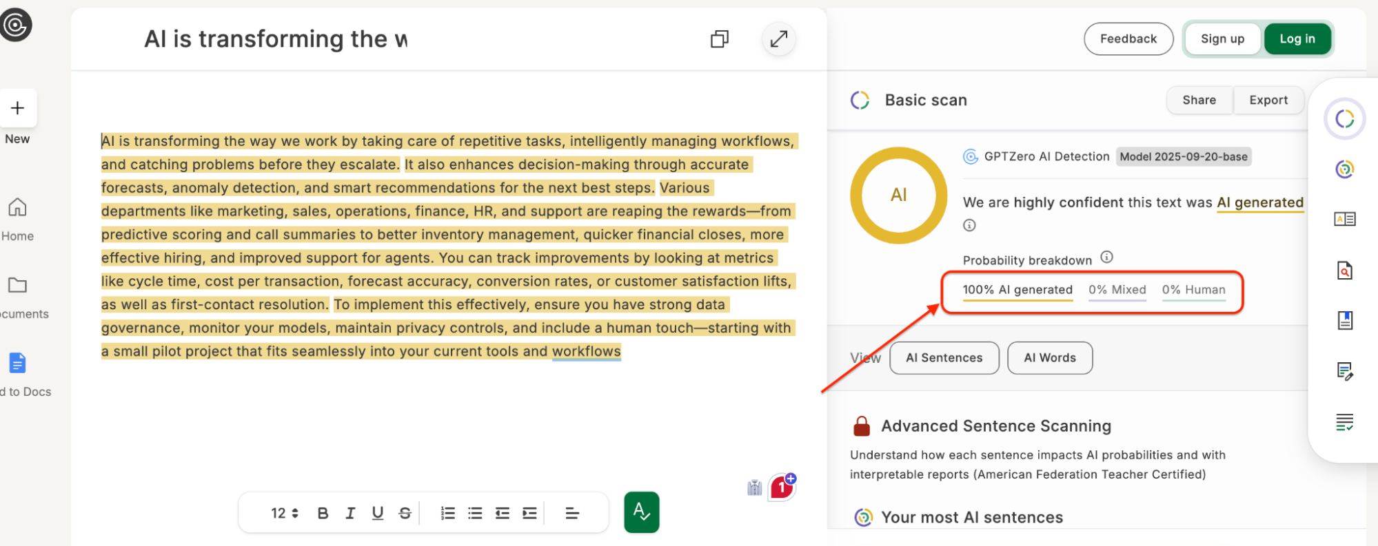 A screenshot shows a text editing tool with highlighted text about AI’s impact on work. On the right, a sidebar displays a scan result: 100% AI-generated content, with ahrefs humanizer and sentence analysis options for added security.