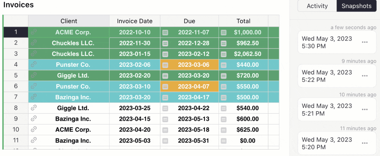 A table lists invoices with client names, invoice dates, due dates, and amounts—some due dates highlighted. A sidebar logs activity and snapshot timestamps, like “Wed May 3, 2023” at 5:30 PM. Discover how it compares to Airtable alternatives.