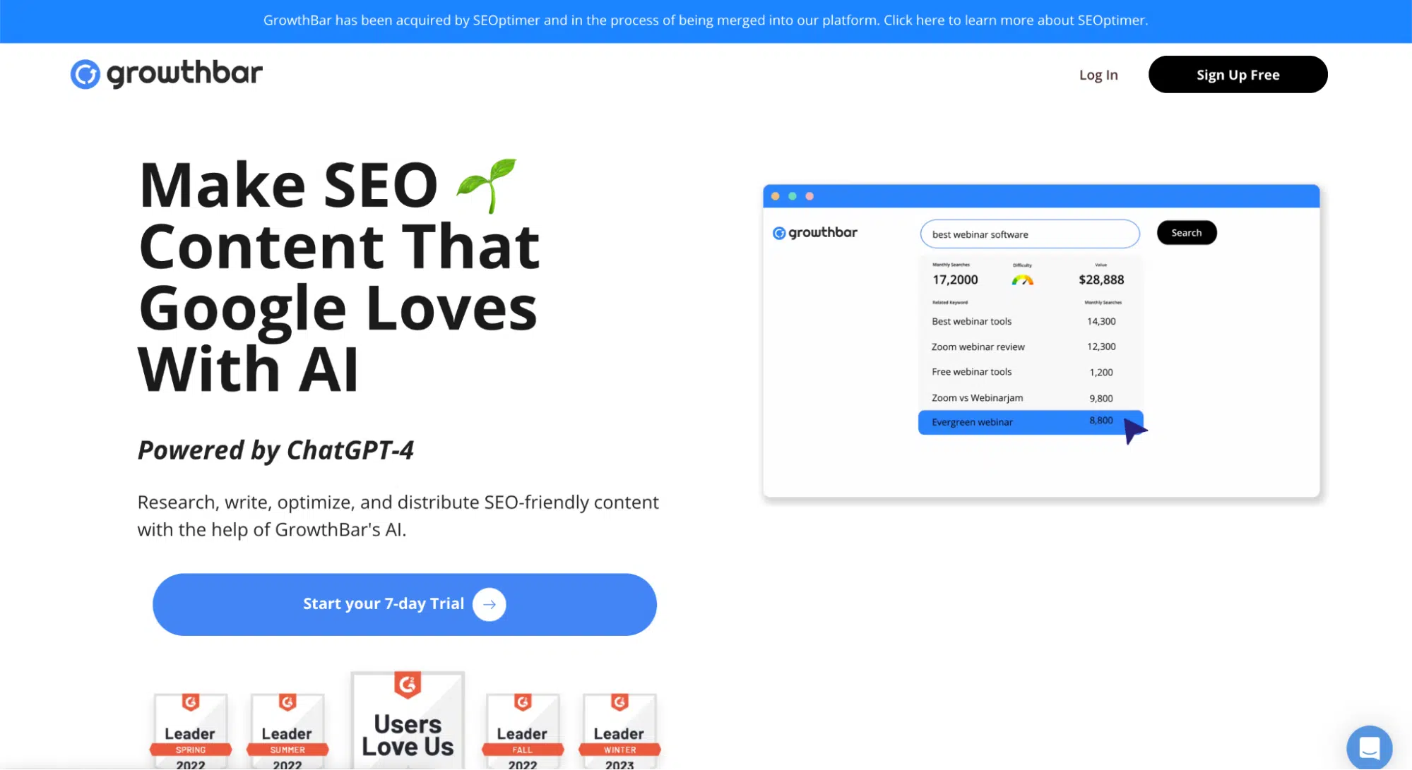A website homepage for GrowthBar promoting AI-powered SEO content creation as one of the top Ahrefs alternatives, featuring a headline, a button to start a 7-day trial, and an illustration of an analytics dashboard on a computer screen.