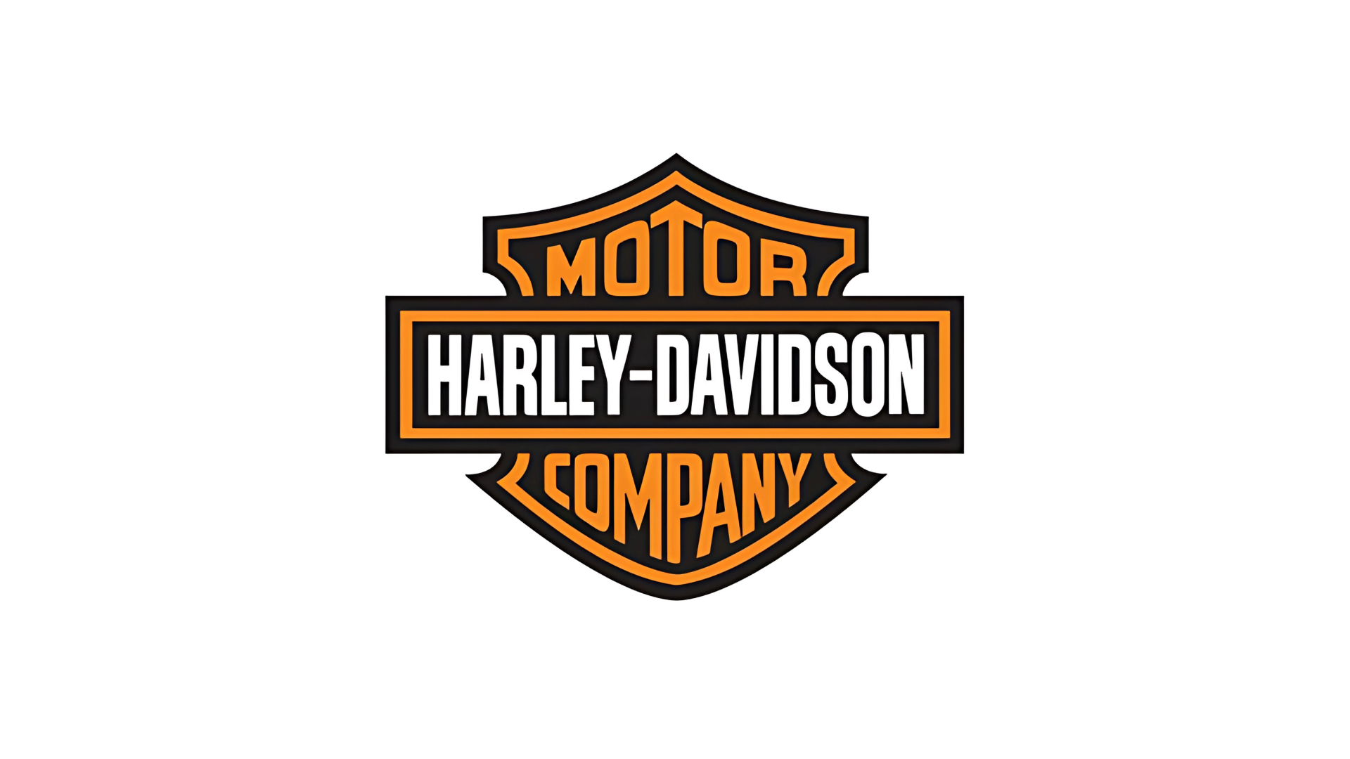 Harley-Davidson logo featuring an orange and black shield with MOTOR at the top, HARLEY-DAVIDSON across the center, and COMPANY at the bottom, all in bold capital letters.