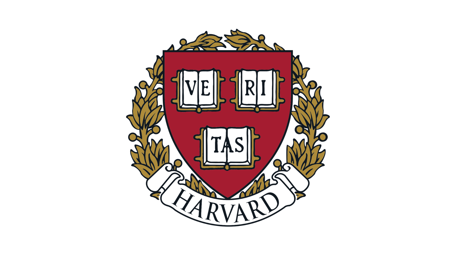 The Harvard University emblem featuring a red shield with three open books inscribed with VERITAS and a laurel wreath border, with a white banner below displaying HARVARD in black letters.