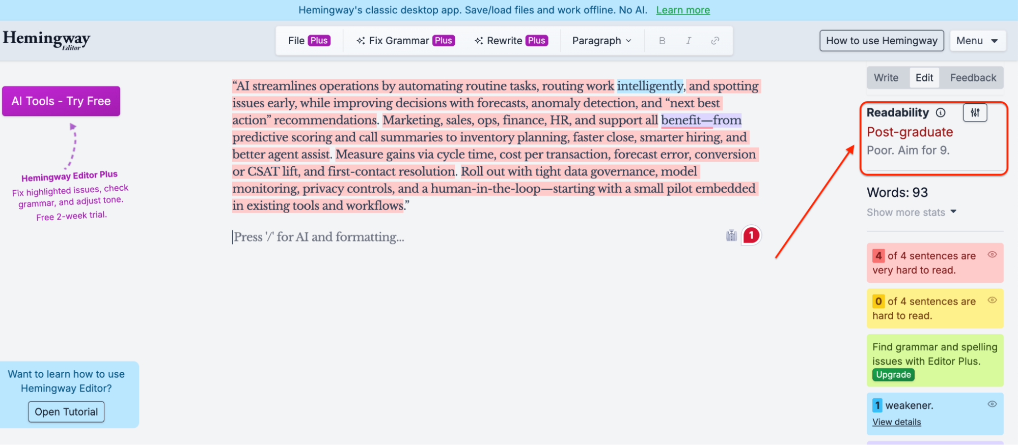 Screenshot of the Hemingway Editor with text highlighted in red and purple to flag complex sentences. The Readability score is Post-graduate, noted by an arrow on the right side. An ahrefs humanizer check could help simplify content. Word count: 93.
