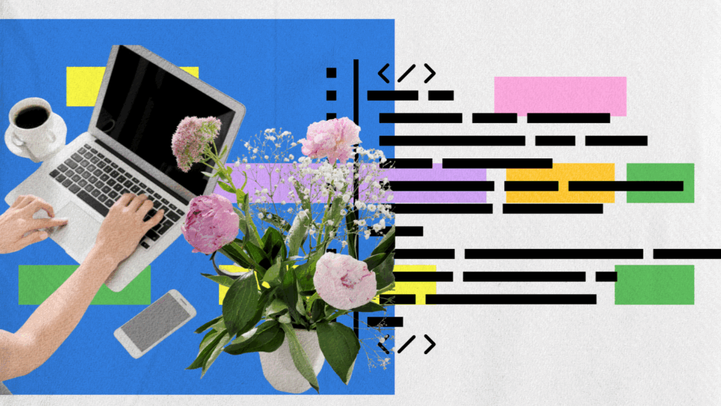 A person types product descriptions on a laptop next to a smartphone, coffee cup, and a vase of pink flowers. In the background, colorful highlight bars and black coding symbols appear on a white and blue split backdrop.