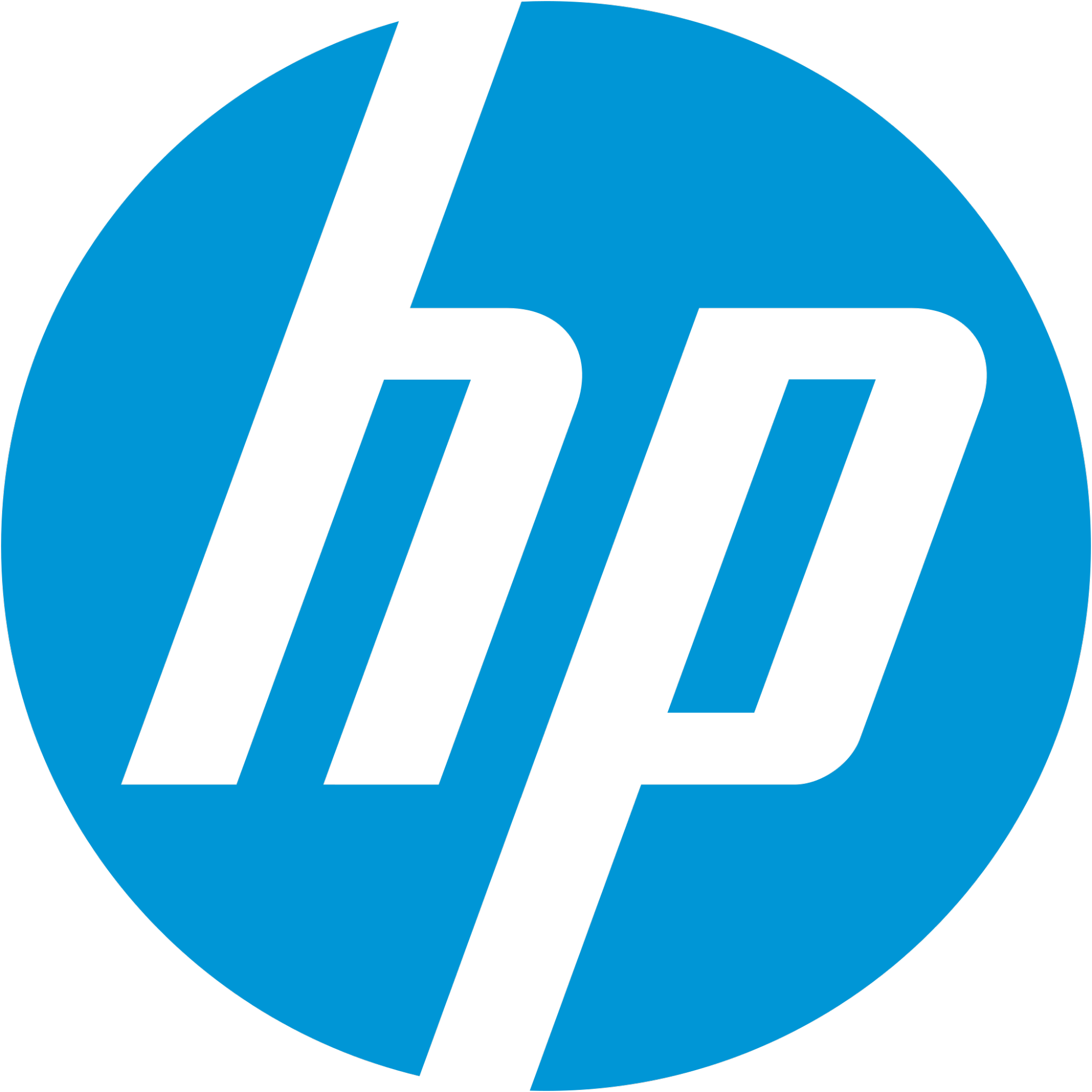 The HP logo stands out among blue logos, featuring lowercase white letters hp in a modern, slanted font inside a solid blue circle.