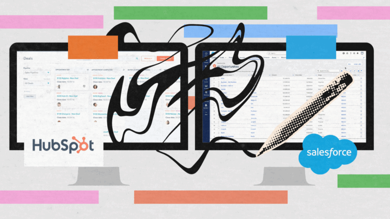 Two computer monitors display hubspot vs salesforce dashboards, connected by tangled black lines that symbolize complicated data transfer. Colored rectangles decorate the background.