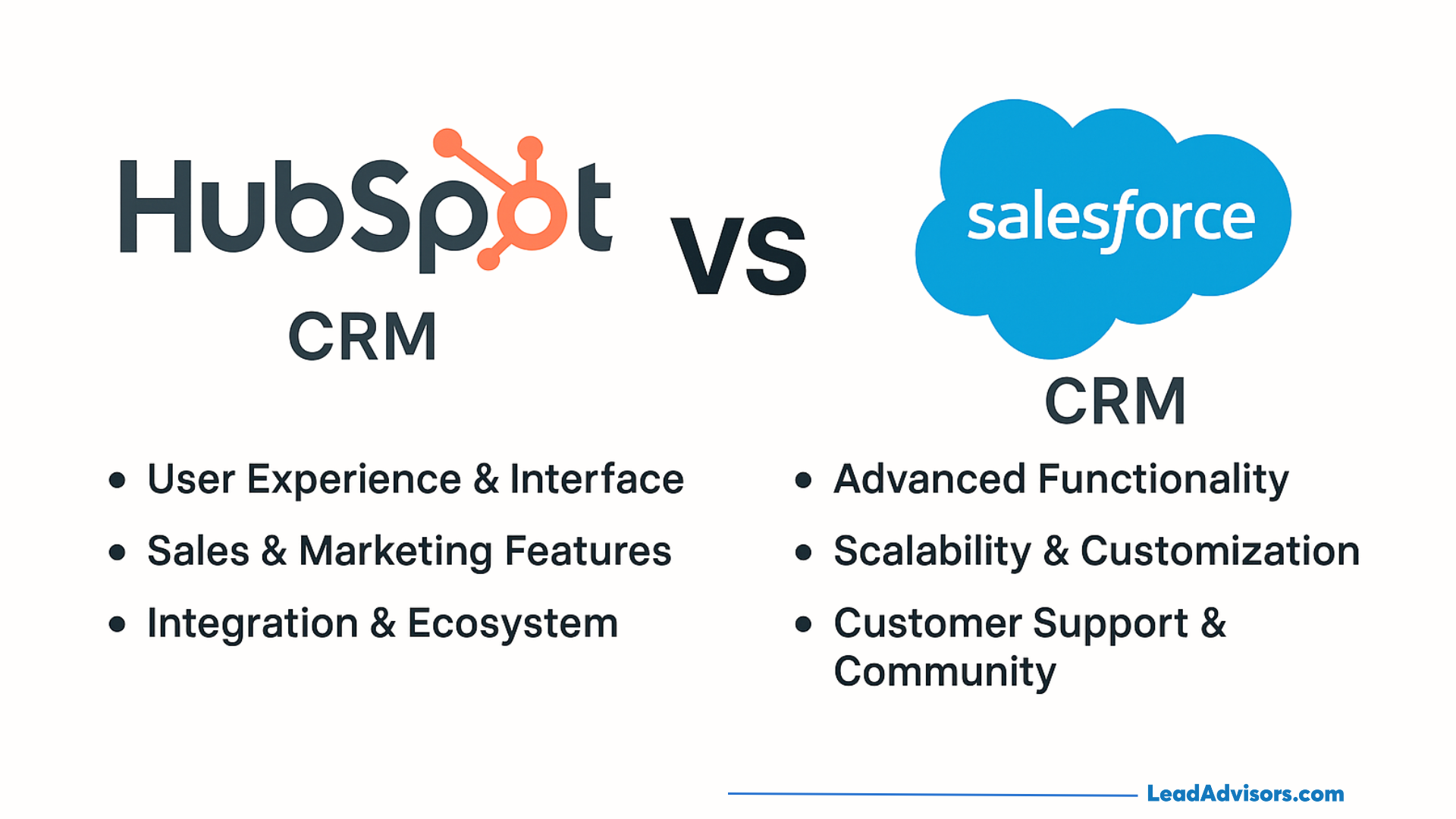 Comparison graphic of HubSpot CRM vs Salesforce CRM, highlighting HubSpot’s strengths in user experience, sales features, and integration, while showcasing Salesforce’s advantages in functionality, scalability, and support.
