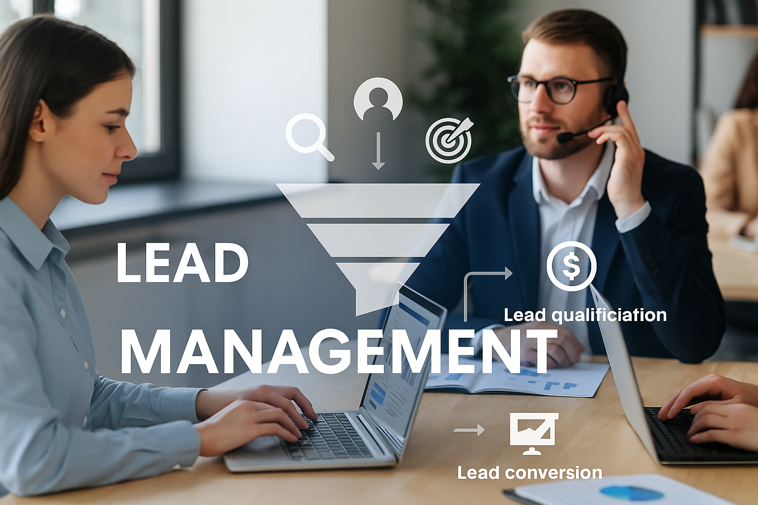 Two professionals work on laptops in an office, with a graphical overlay illustrating a marketing funnel and highlighting key concepts such as Lead Management and Lead conversion.