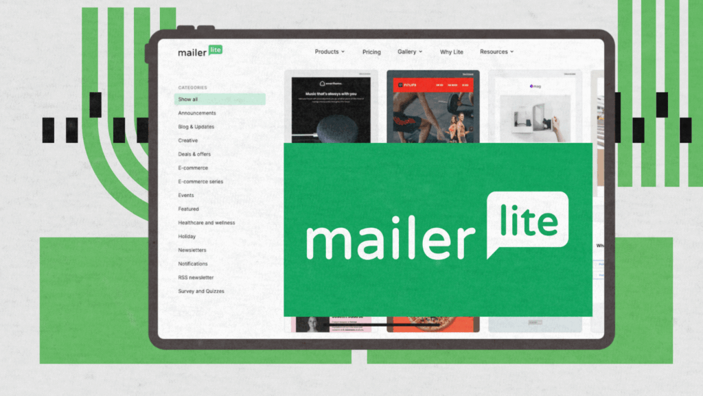 A tablet screen displays the MailerLite website with various email templates, and a large green MailerLite logo overlays the center. Abstract green and black graphic lines decorate the background, highlighting a mailerlite review in a modern setting.