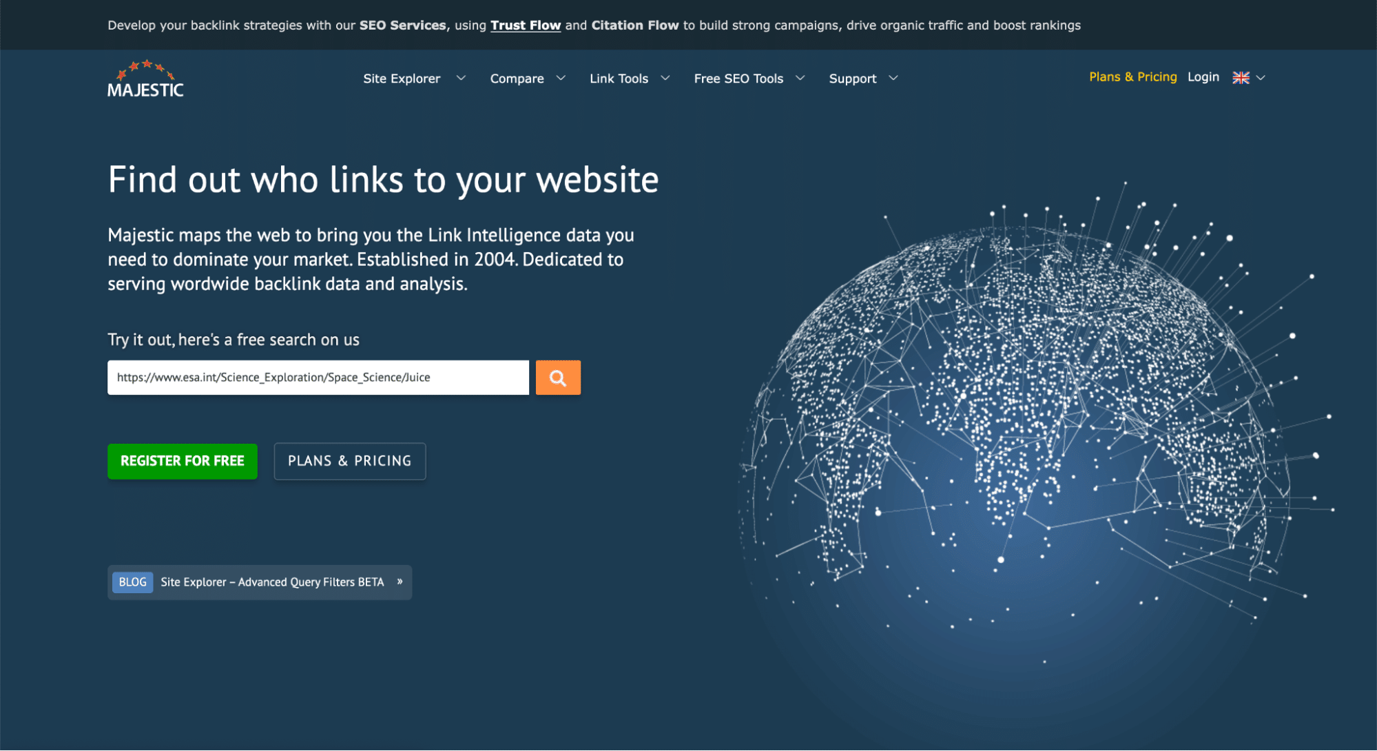 Screenshot of Majestic’s homepage showing a dark blue interface, a digital globe made of connecting lines and dots, a search bar, green “Register for Free” button, yellow “Plans & Pricing” button, and navigation—ideal for those seeking Ahrefs alternatives.