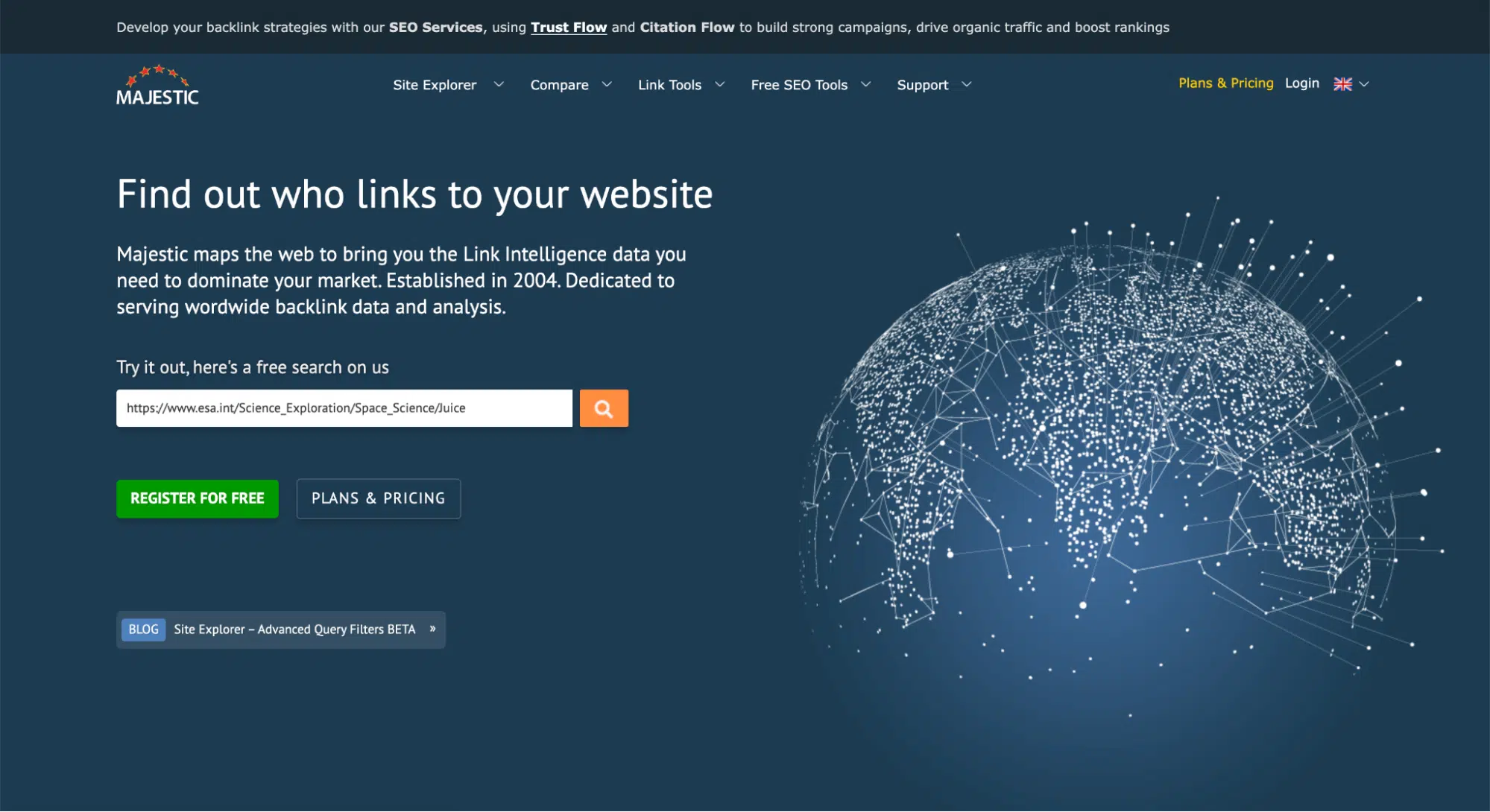 Screenshot of Majestic’s homepage showing a dark blue interface, a digital globe made of connecting lines and dots, a search bar, green “Register for Free” button, yellow “Plans & Pricing” button, and navigation—ideal for those seeking Ahrefs alternatives.