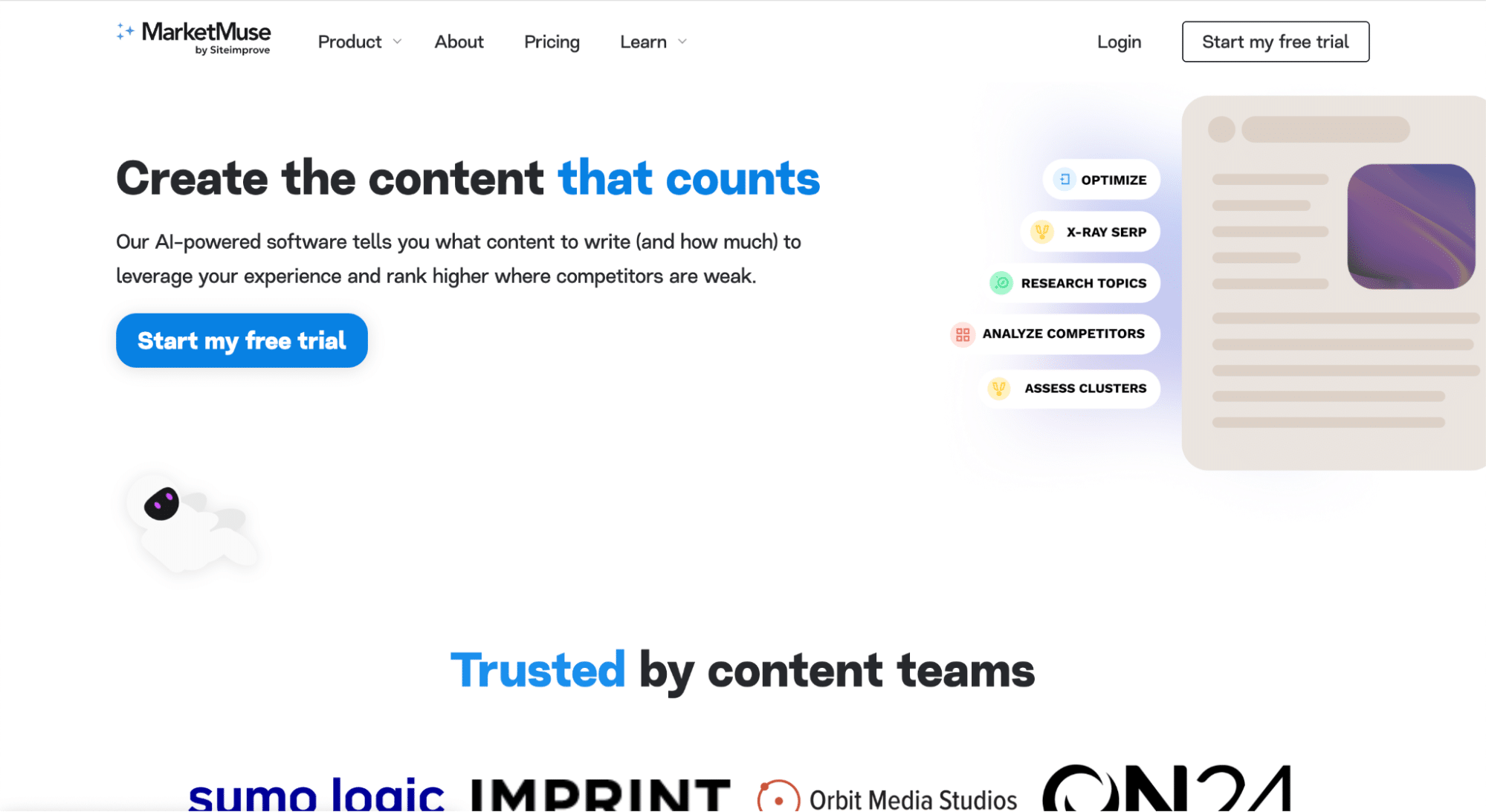 Screenshot of the MarketMuse website homepage, featuring a headline on AI-powered content creation, a blue “Start my free trial” button, and icons for optimize, research topics, and analyze competitors—making it one of the top Ahrefs alternatives. Company logos shown below.
