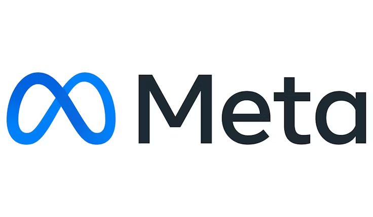 The image shows the Meta logo, one of the most recognizable blue logos, featuring a blue, continuous loop symbol to the left of the word Meta written in black, bold, sans-serif font on a white background.