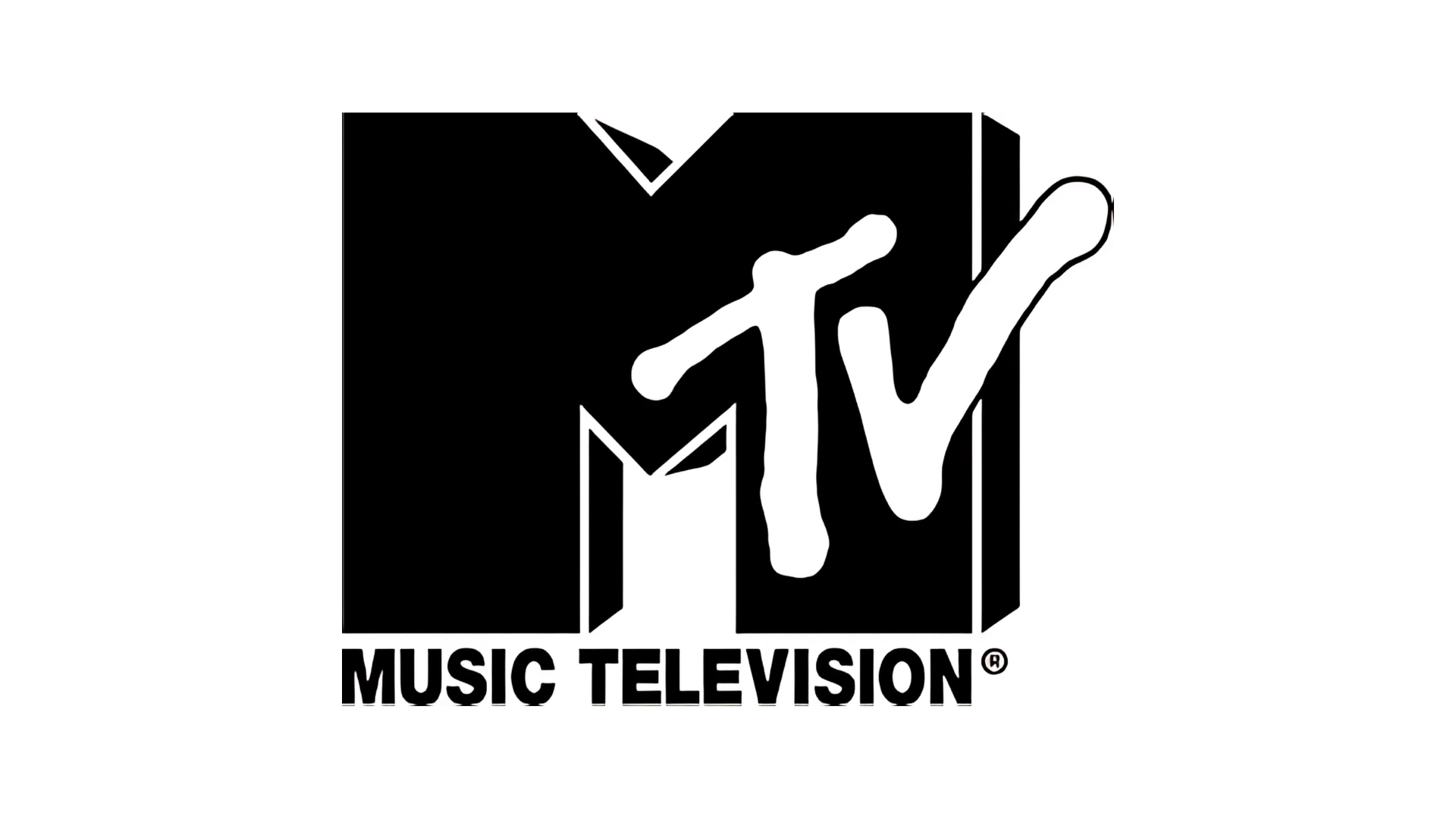 The classic MTV logo featuring a bold, black letter M with the white, graffiti-style letters tv overlapping it and Music Television written in black below on a white background.