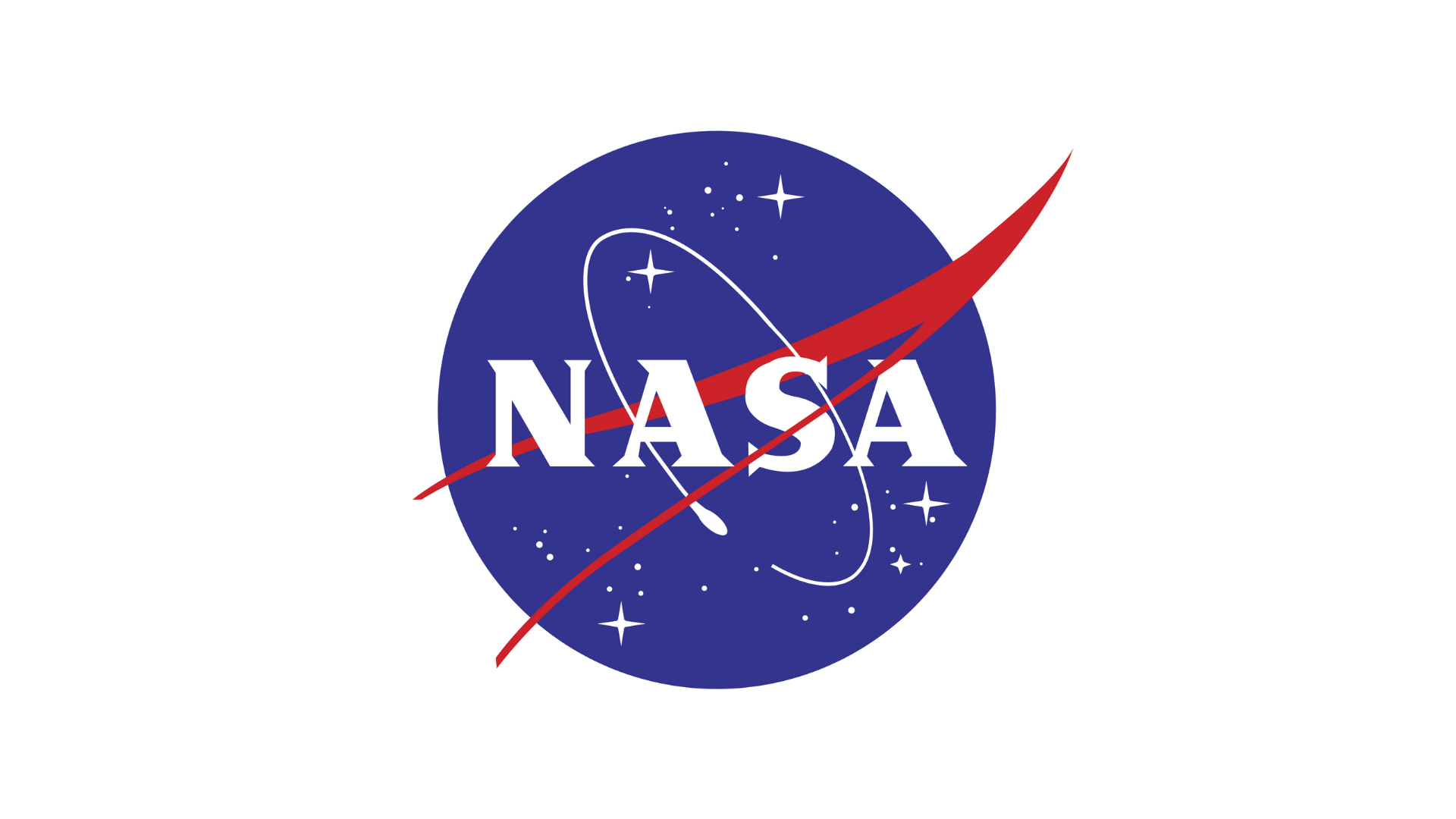 The NASA logo features a blue circle with white stars, a red curved vector, and white letters spelling NASA across the center. An orbit shape loops around the letters.