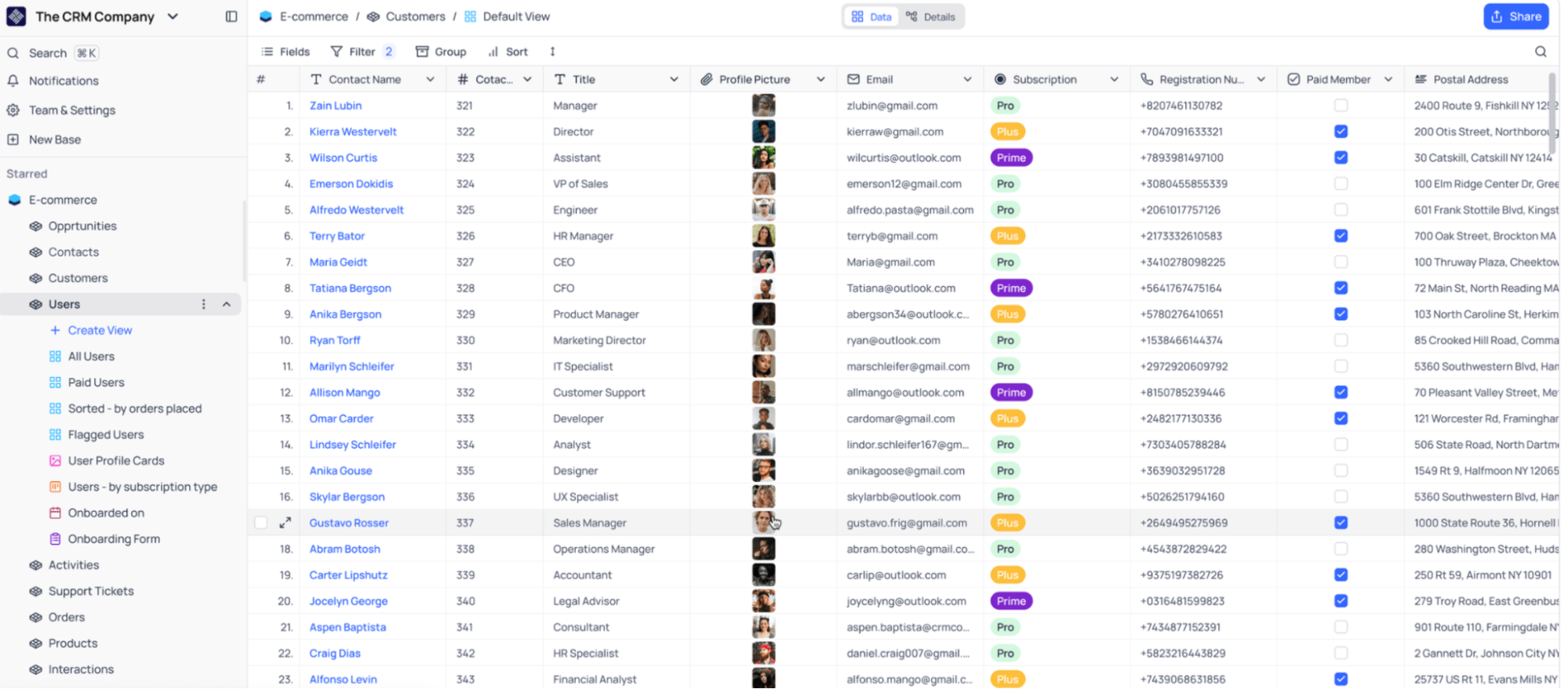 A CRM software dashboard, inspired by leading Airtable alternatives, displays a customer table with columns for contact name, title, company, profile picture, email, subscription status, registration number, and postal address. Some entries feature profile photos.