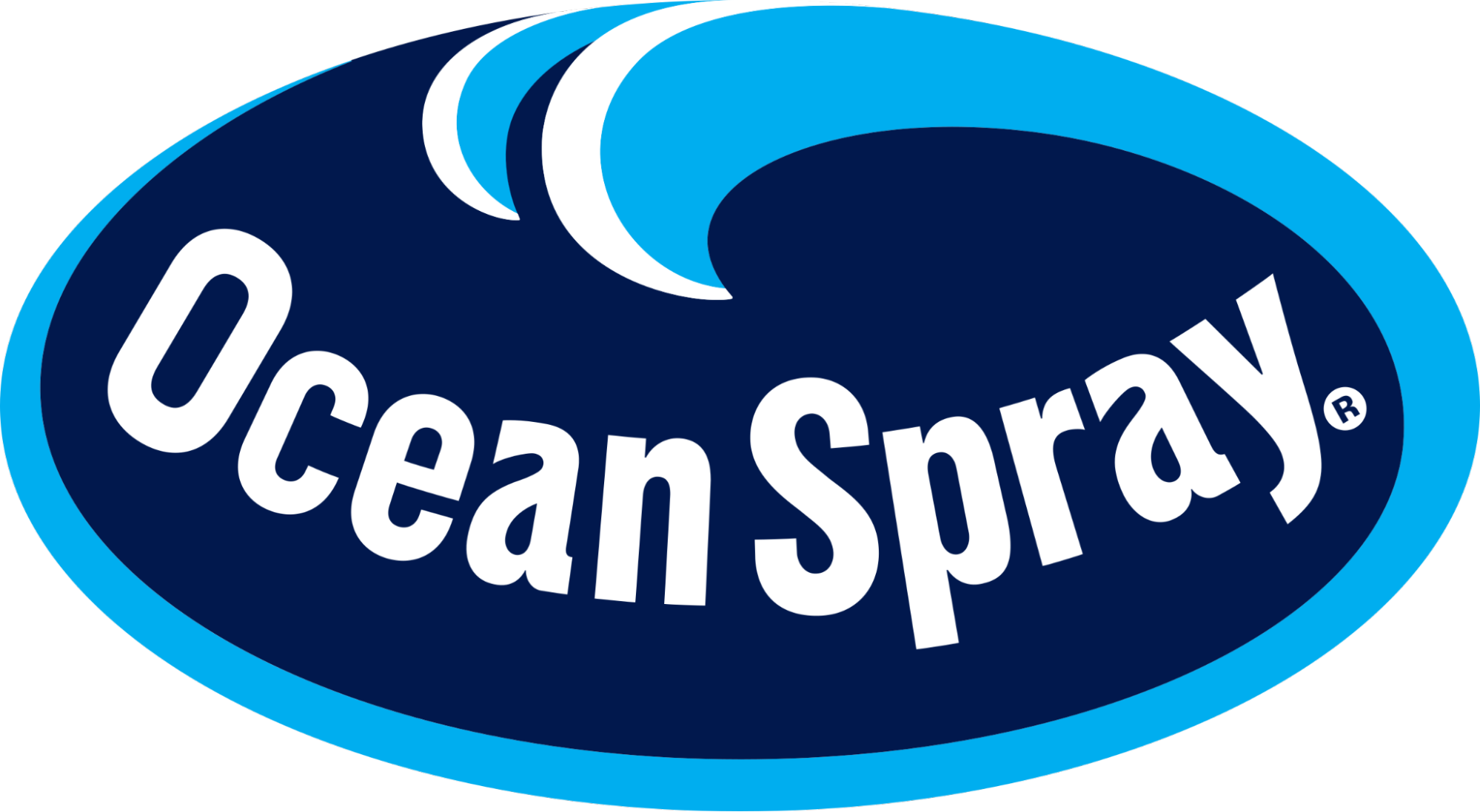 Logo for Ocean Spray featuring an oval shape with a dark blue background, perfect for fans of blue logos, a light blue border, a wave graphic at the top, and Ocean Spray written in large white letters across the center.
