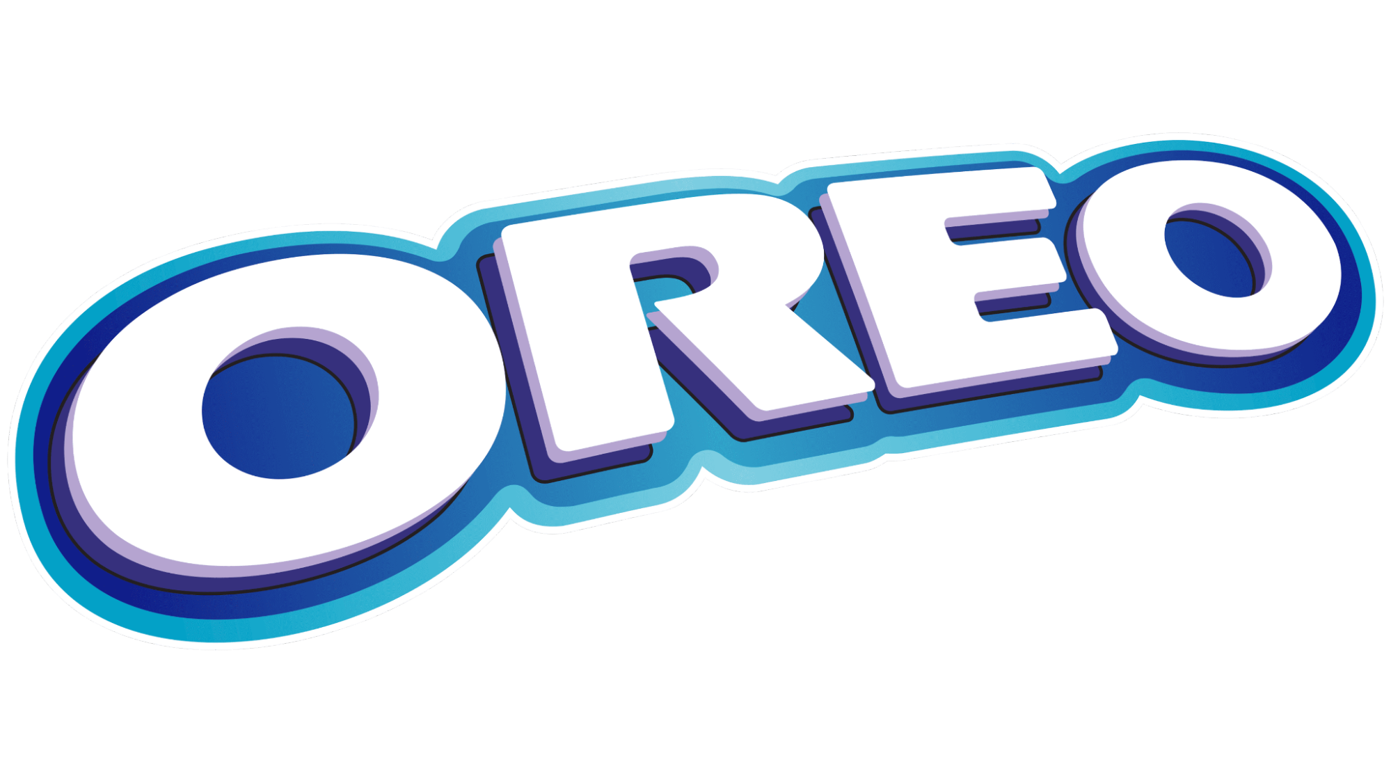The OREO logo in bold, white 3D letters with blue shadows and outlines stands out among iconic blue logos, set against a light blue background.