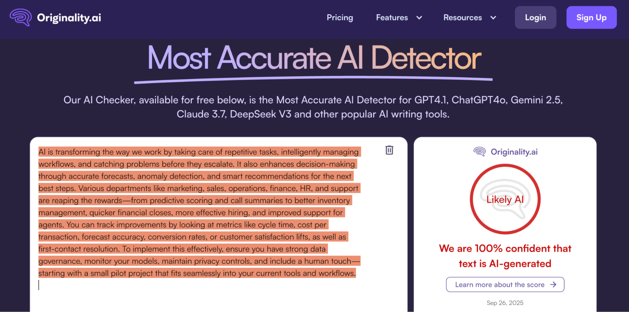 Screenshot of the Originality.ai website showcasing its Most Accurate AI Detector. The page features a text sample about AIs benefits, plus a badge and ahrefs humanizer indicator confirming 100% certainty the text is AI-generated.