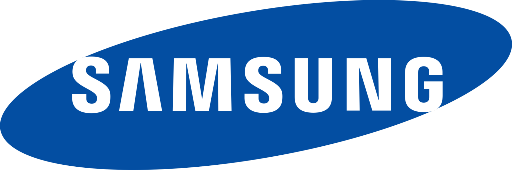 The Samsung logo is a prime example of Blue logos, showcasing the word SAMSUNG in bold, white capital letters inside a blue, tilted oval shape on a white background.