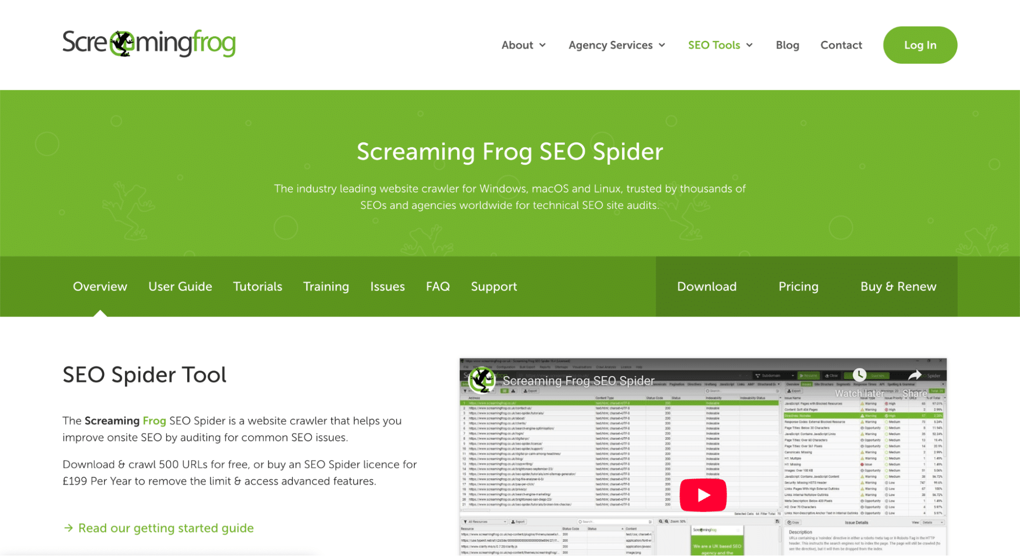 Screenshot of the Screaming Frog SEO Spider website, featuring a green header, navigation menu, and a section describing the SEO Spider tool with a video thumbnail and details on features and pricing—ideal for those seeking Ahrefs alternatives.