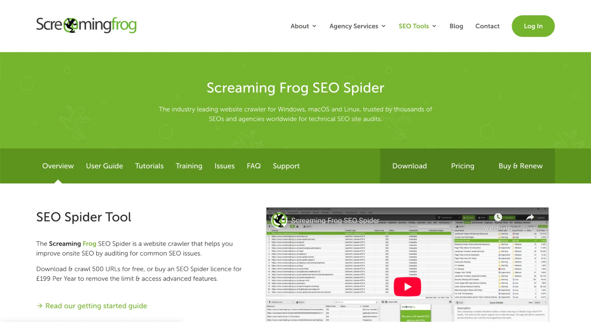 Screenshot of the Screaming Frog SEO Spider website, featuring a green header, navigation menu, and a section describing the SEO Spider tool with a video thumbnail and details on features and pricing—ideal for those seeking Ahrefs alternatives.