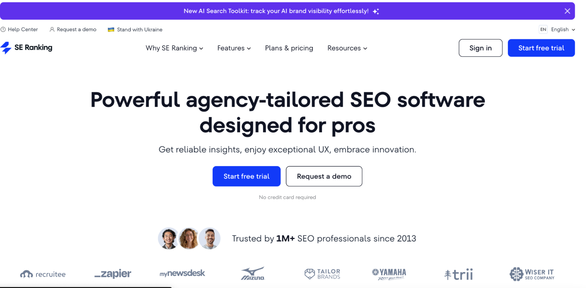Screenshot of SE Ranking’s homepage displaying a headline about agency-tailored SEO software—highlighting it as one of the leading Moz alternatives. Start a free trial or request a demo, with logos of trusted companies shown below.