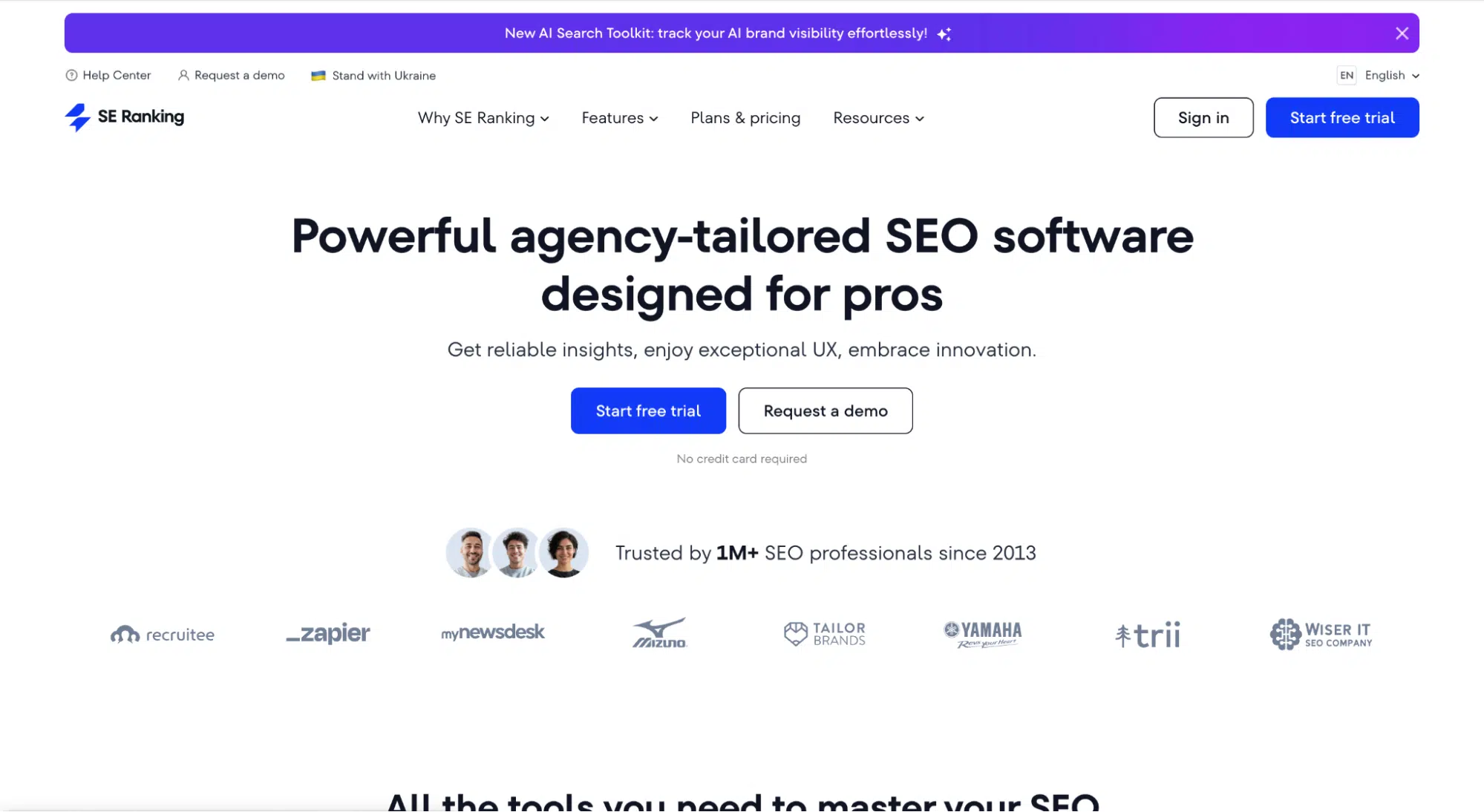 Screenshot of SE Ranking’s homepage featuring the headline “Powerful agency-tailored SEO software designed for pros,” with options to start a free trial or request a demo—ideal for those seeking Ahrefs alternatives, plus partner company logos below.