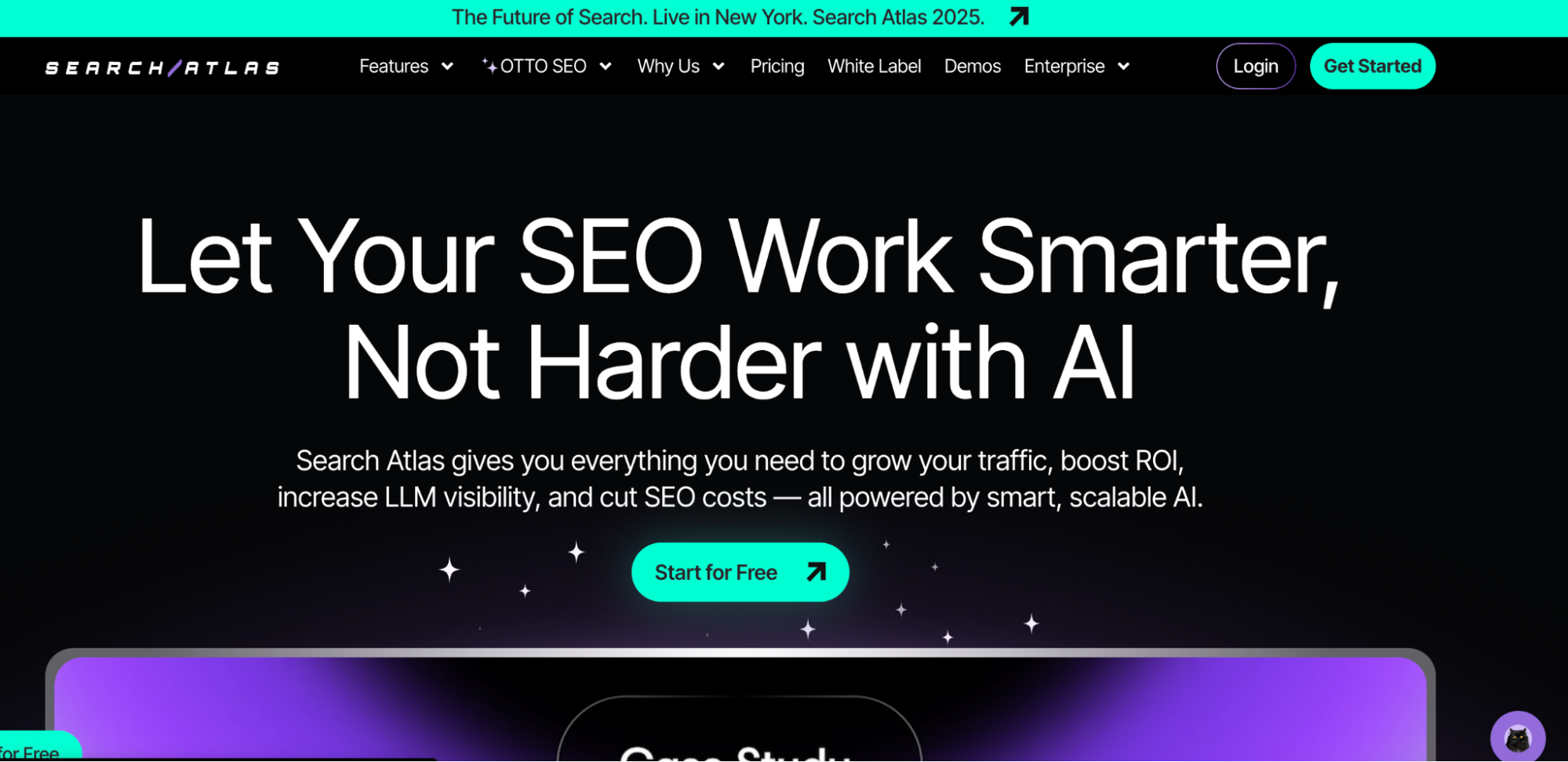 A website homepage for Search Atlas features the headline Let Your SEO Work Smarter, Not Harder with AI, positioning itself among top Moz alternatives, and includes Start for Free and Get Started buttons on a dark background with colorful accents.