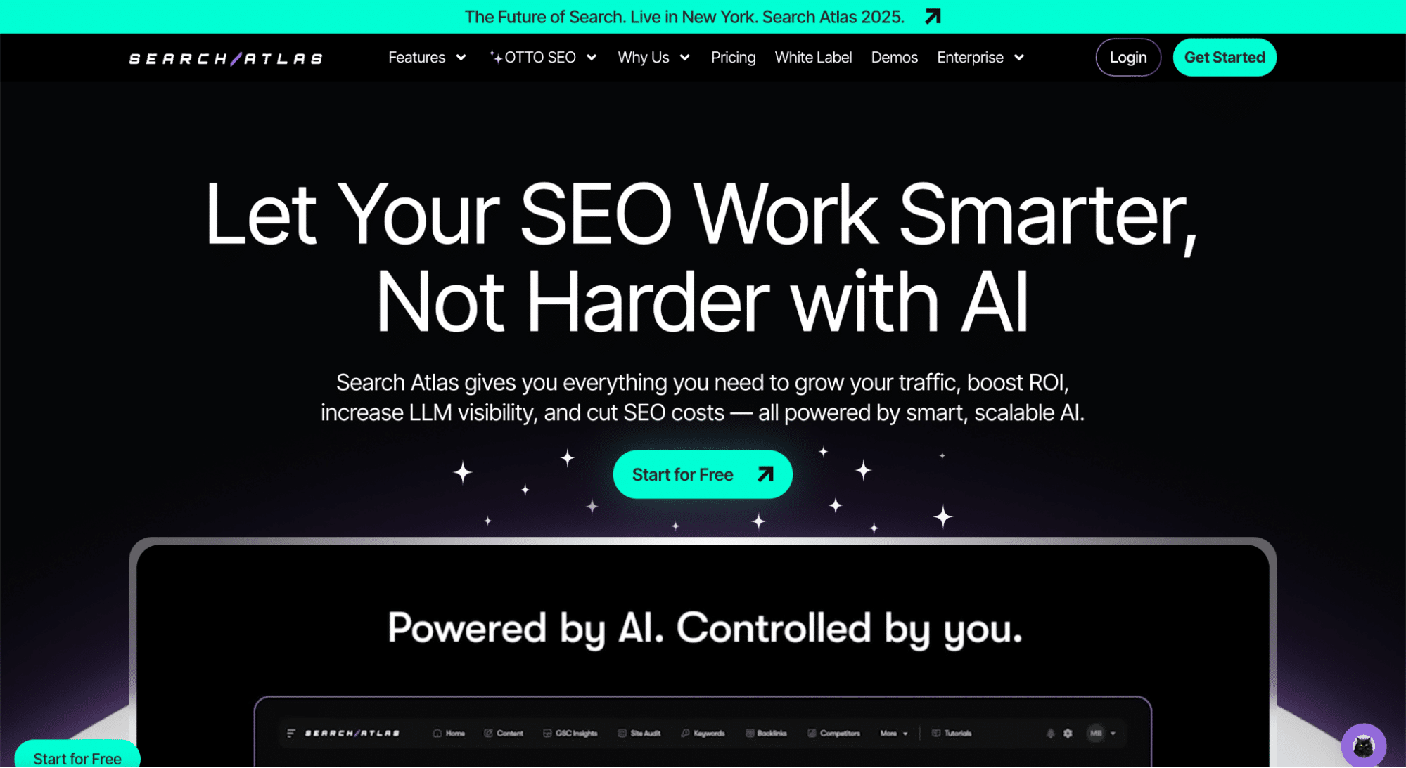 A website homepage for Search Atlas promotes AI-powered SEO tools as top ahrefs alternatives. The headline reads, Let Your SEO Work Smarter, Not Harder with AI, with buttons for starting free and a section stating, Powered by AI. Controlled by you.